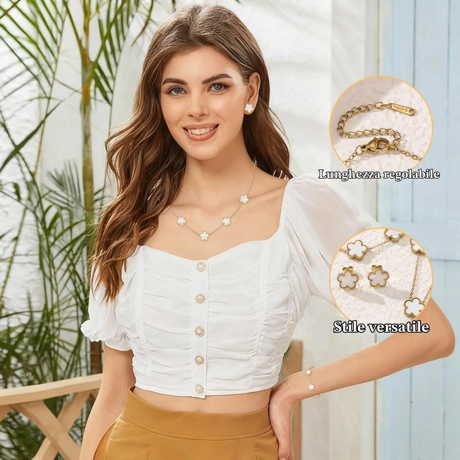ZHITENG Parure Gioielli Trifoglio a Cinque Foglie, Regolabile Bracciale Trifoglio a Cinque Foglie, Motivo Floreale Collana, set da 3 Pezzi Adatto Come Regalo per Fidanzata, Sposa, Madre (Bianco) - immagine 6