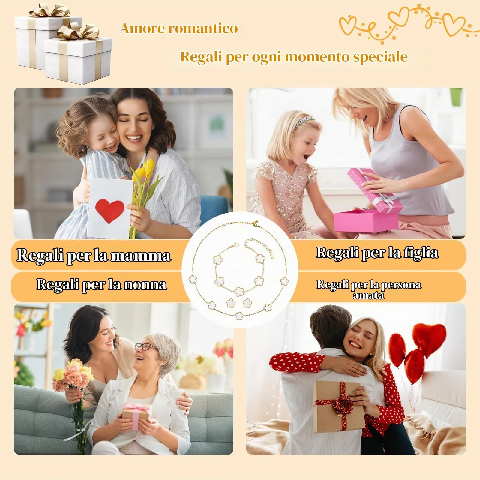 ZHITENG Parure Gioielli Trifoglio a Cinque Foglie, Regolabile Bracciale Trifoglio a Cinque Foglie, Motivo Floreale Collana, set da 3 Pezzi Adatto Come Regalo per Fidanzata, Sposa, Madre (Bianco) - immagine 7