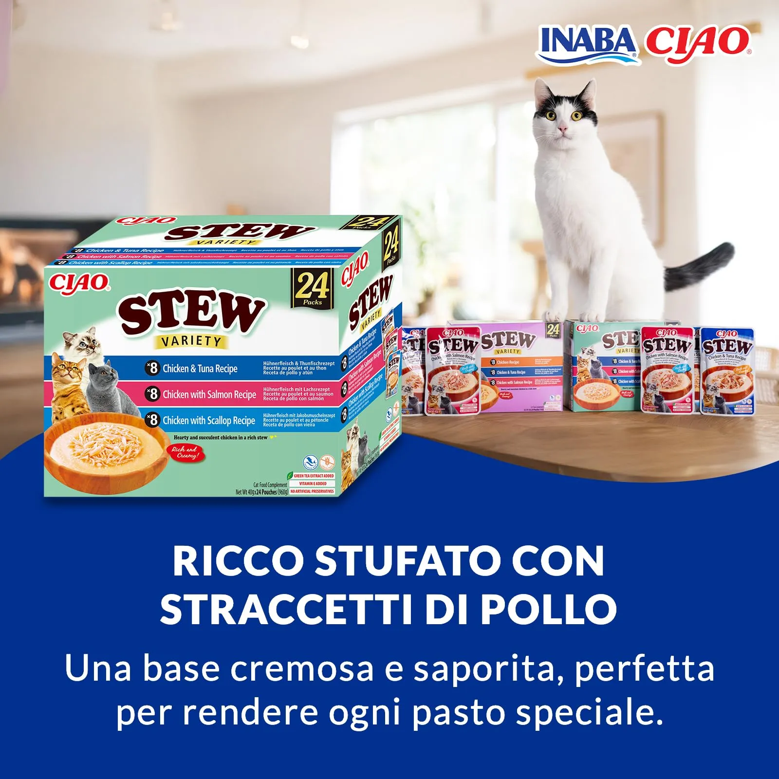 INABA Ciao Stew, Multipack Pollo, Tonno, Salmone e Capesante, 960g - immagine 2