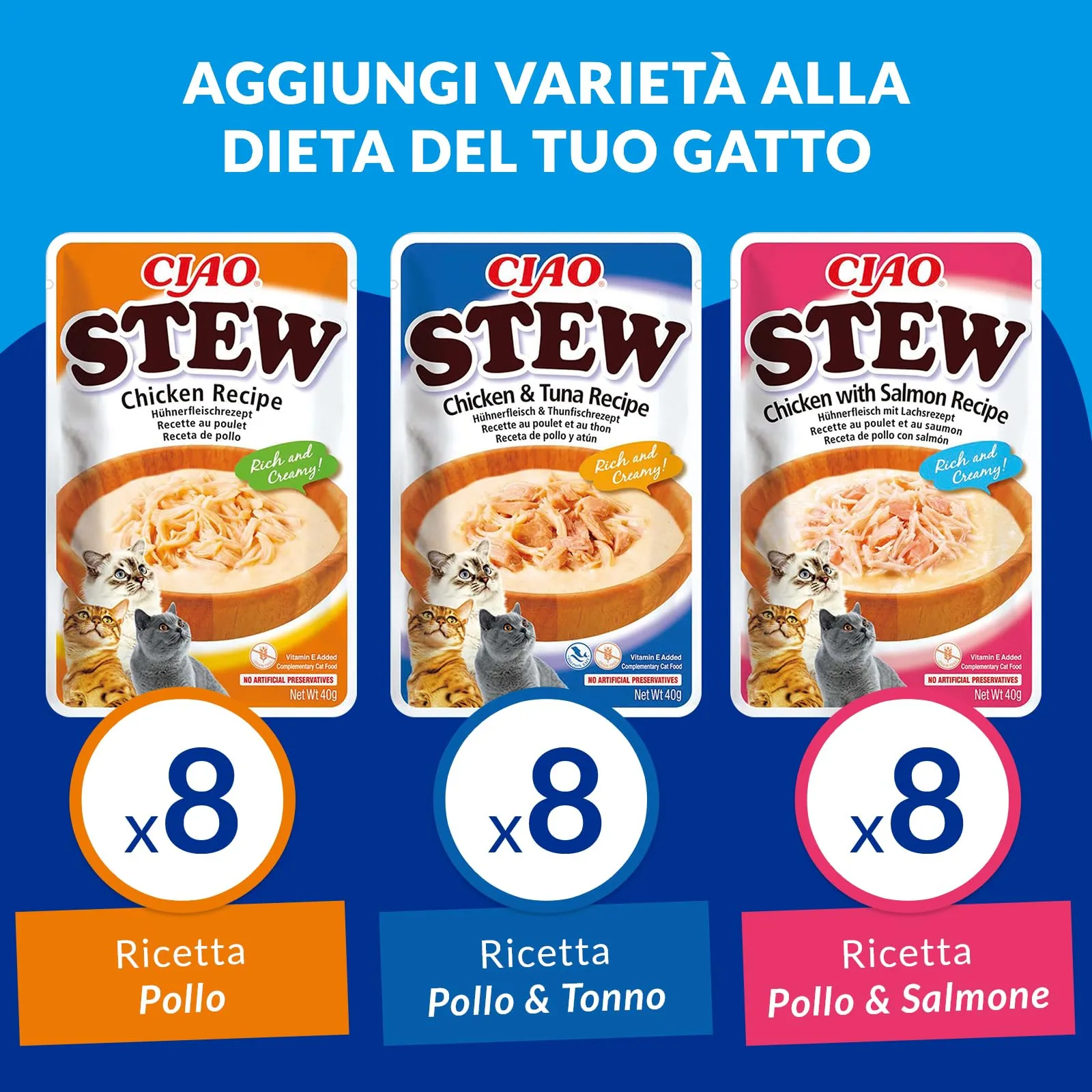 INABA Ciao Stew, Cibo Umido, Multipack Pollo, Tonno e Salmone, 960g - immagine 3