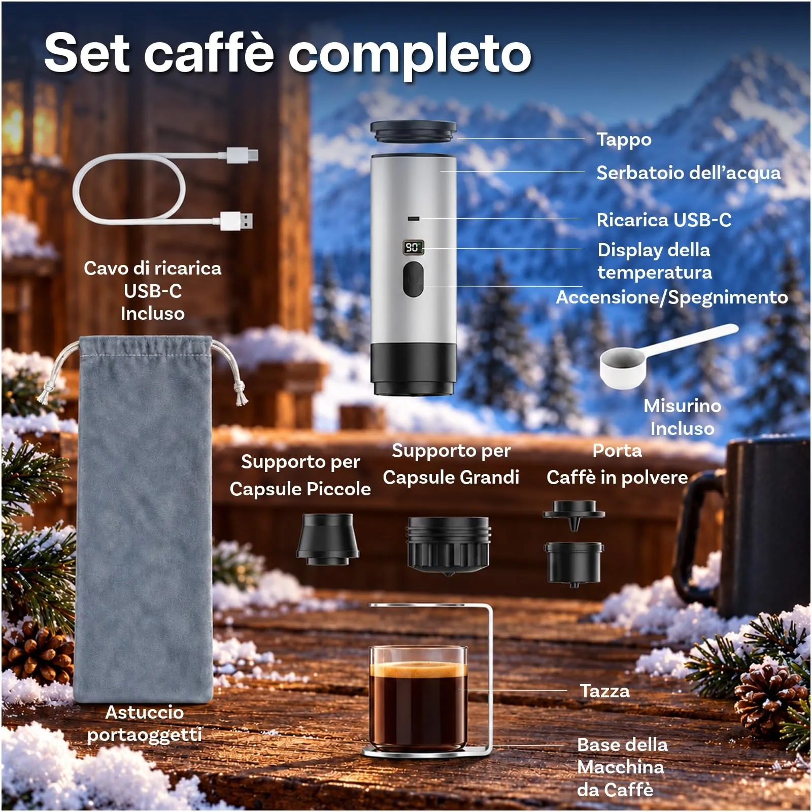 MMOBIEL Macchina Caffè Portatile Macchina da Caffè Espresso da Elettrica con Supporto, Riscaldante & USB-C – Compatibile con Capsule & Caffè Macinato per Viaggio, Campeggio, Casa, Auto, Ufficio - immagine 7