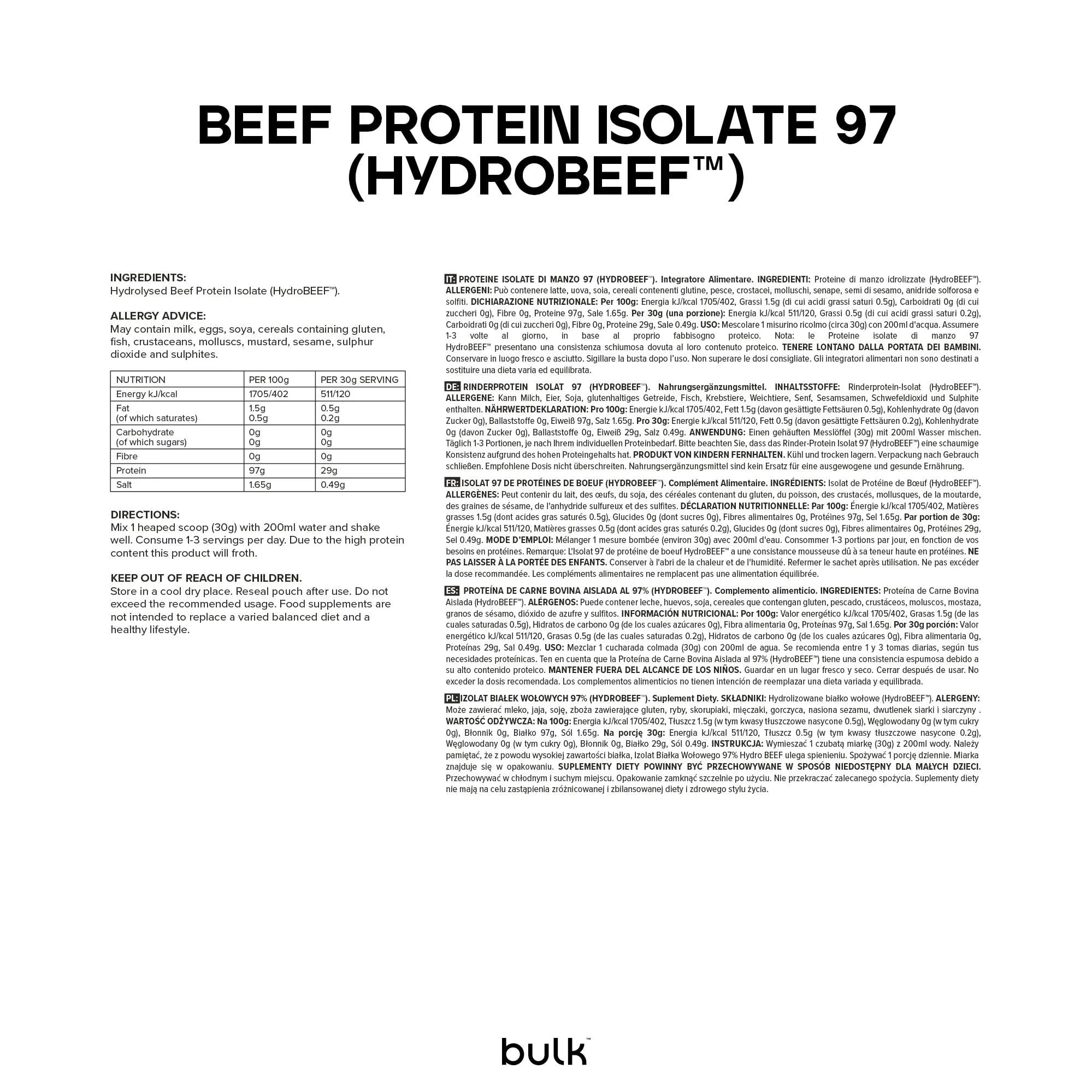 Bulk Proteine isolate di manzo 97 HydroBEEF , Frullato proteico, Non aromatizzato, 1kg, 33 porzioni - immagine 6