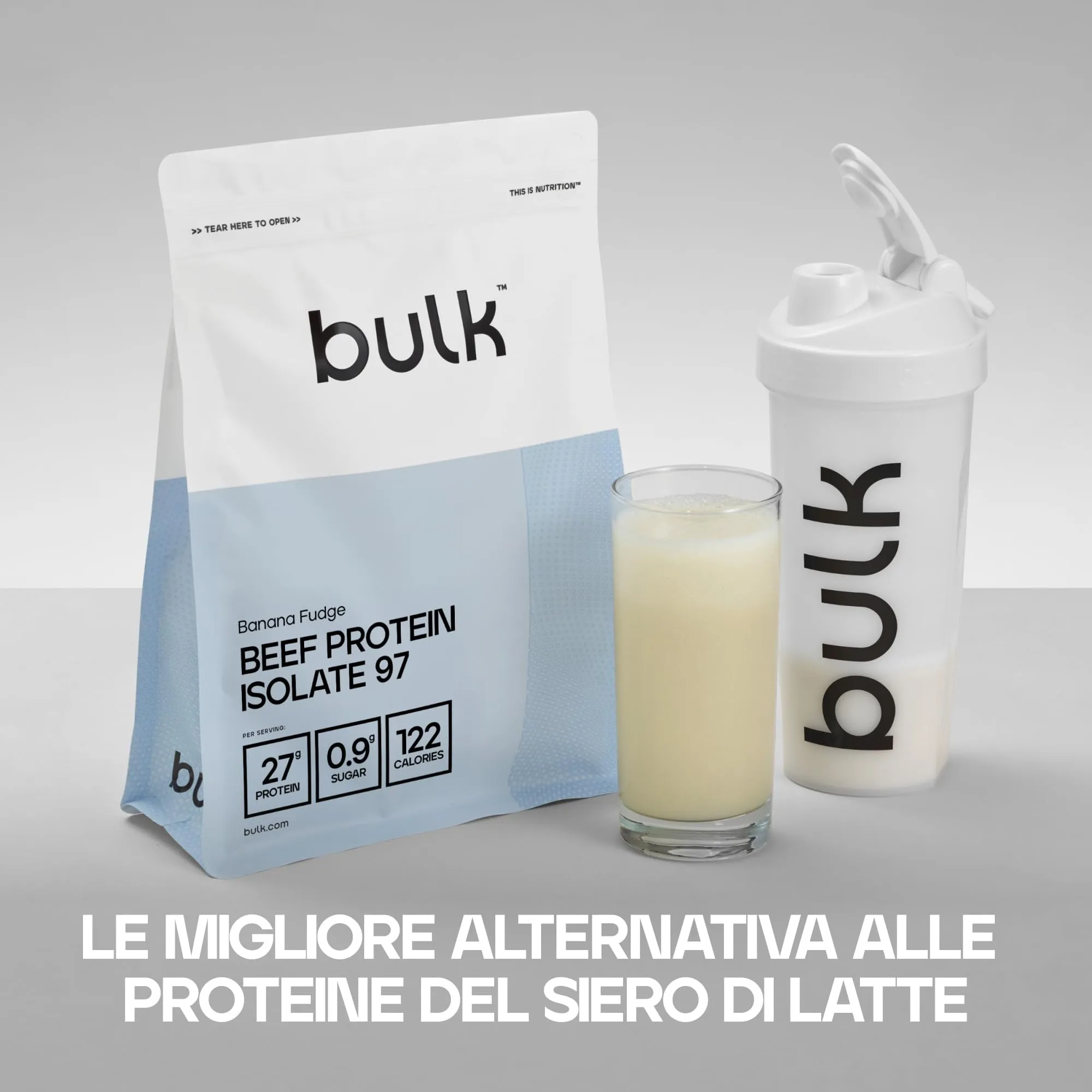 Bulk Proteine isolate di manzo 97 HydroBEEF , Frullato proteico, Fudge alla banana, 1kg, 33 porzioni - immagine 2
