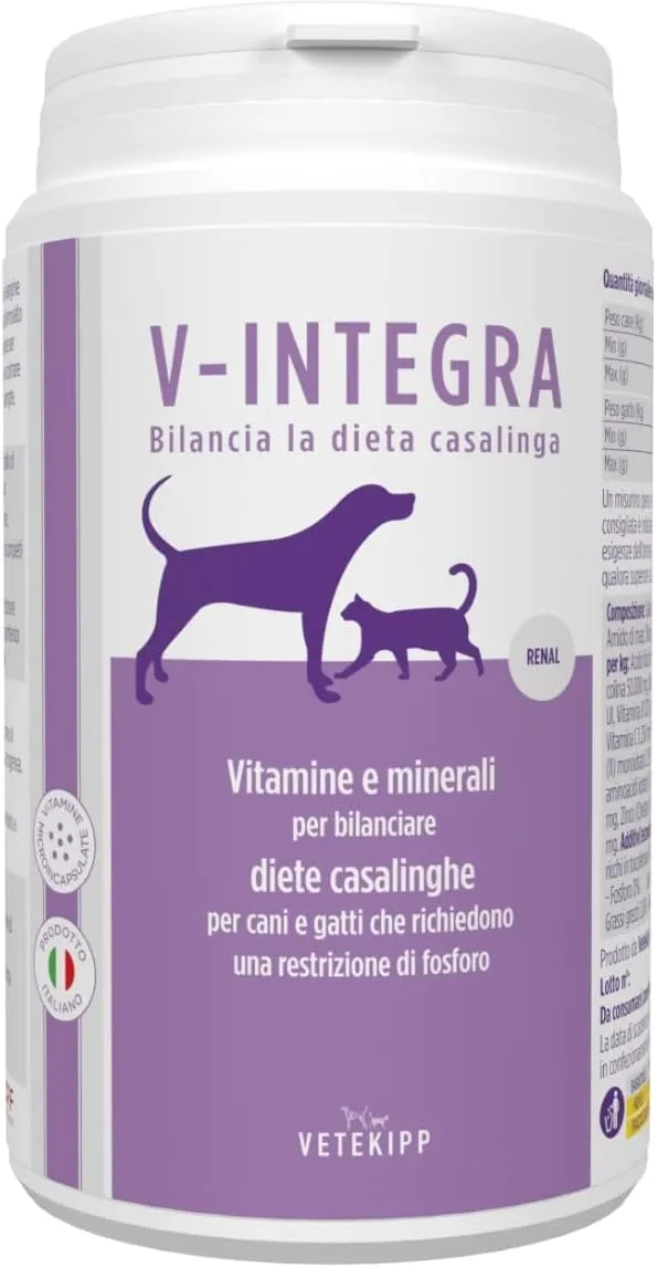 V-INTEGRA Renal 200g, Integratore Vitamine e Minerali per Bilanciare Diete Casalinghe di Cani e Gatti che Richiedono una Restrizione di Fosforo, Multivitaminico Cane e Gatto Made in Italy - immagine 1