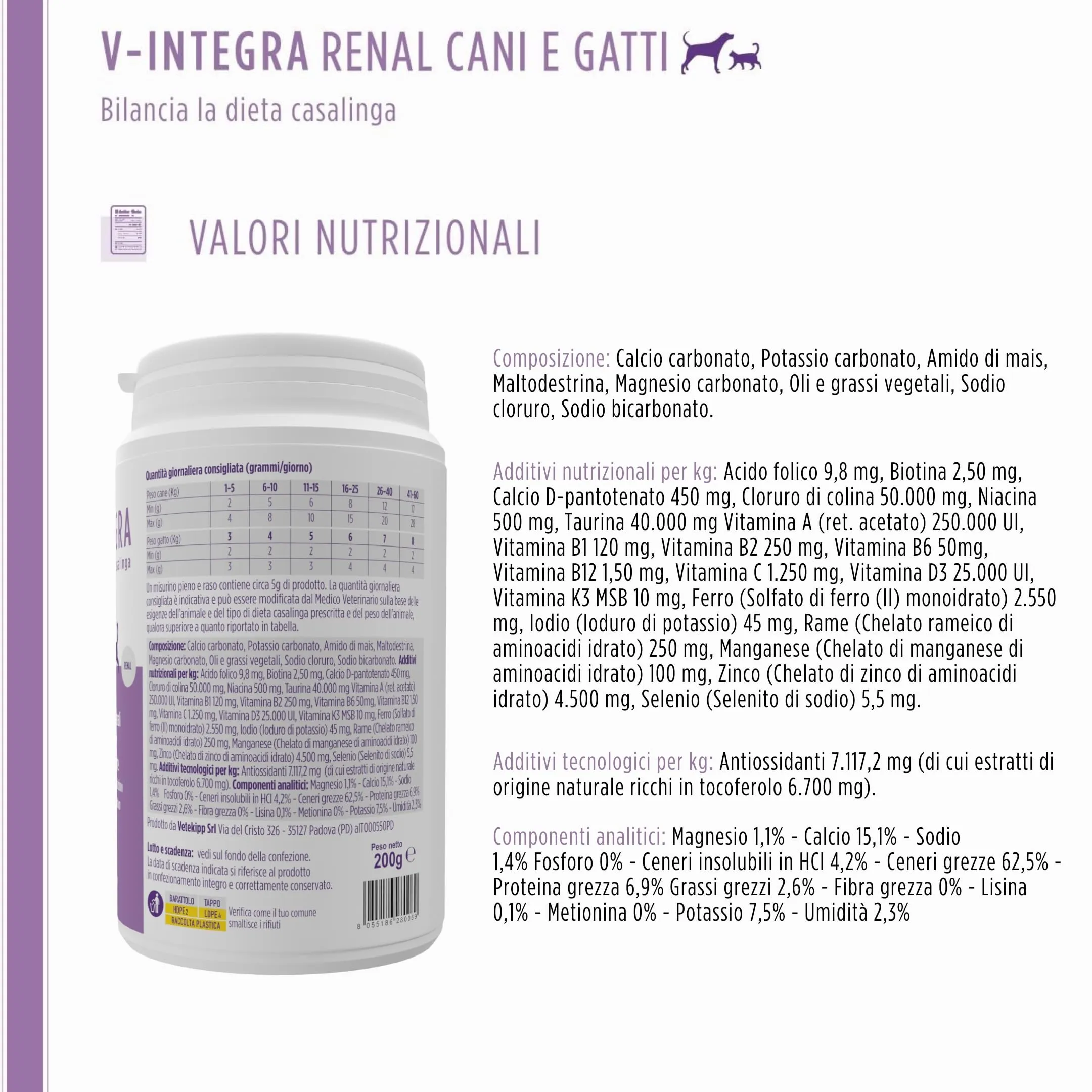 V-INTEGRA Renal 200g, Integratore Vitamine e Minerali per Bilanciare Diete Casalinghe di Cani e Gatti che Richiedono una Restrizione di Fosforo, Multivitaminico Cane e Gatto Made in Italy - immagine 7