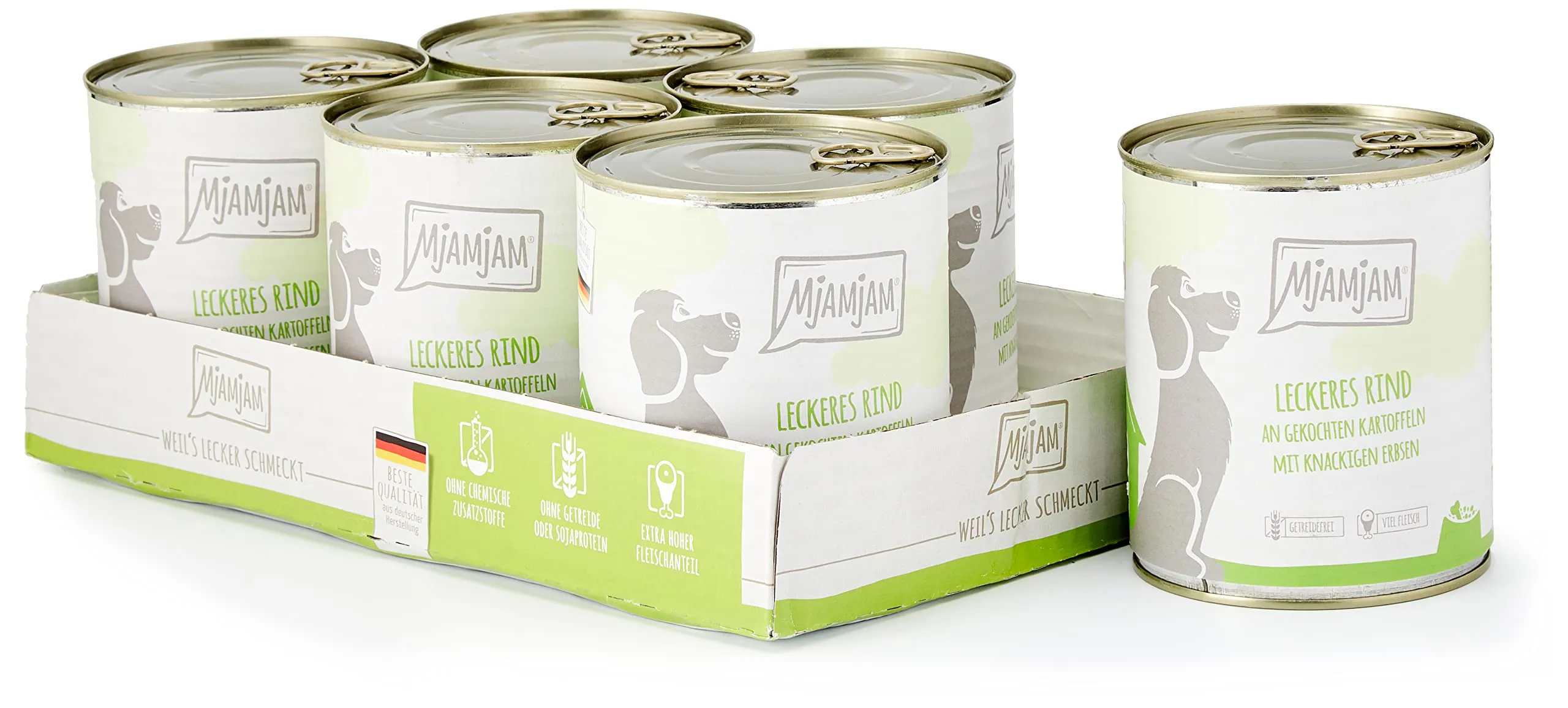 MjAMjAM - cibo umido premium per cani - delizioso manzo su patate bollite con piselli croccanti, confezione da 6 (6 x 800 g), naturale con carne extra - immagine 1