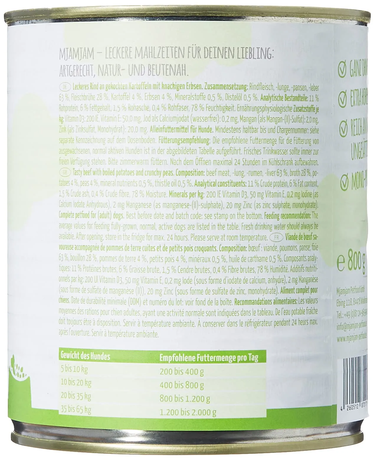 MjAMjAM - cibo umido premium per cani - delizioso manzo su patate bollite con piselli croccanti, confezione da 6 (6 x 800 g), naturale con carne extra - immagine 2