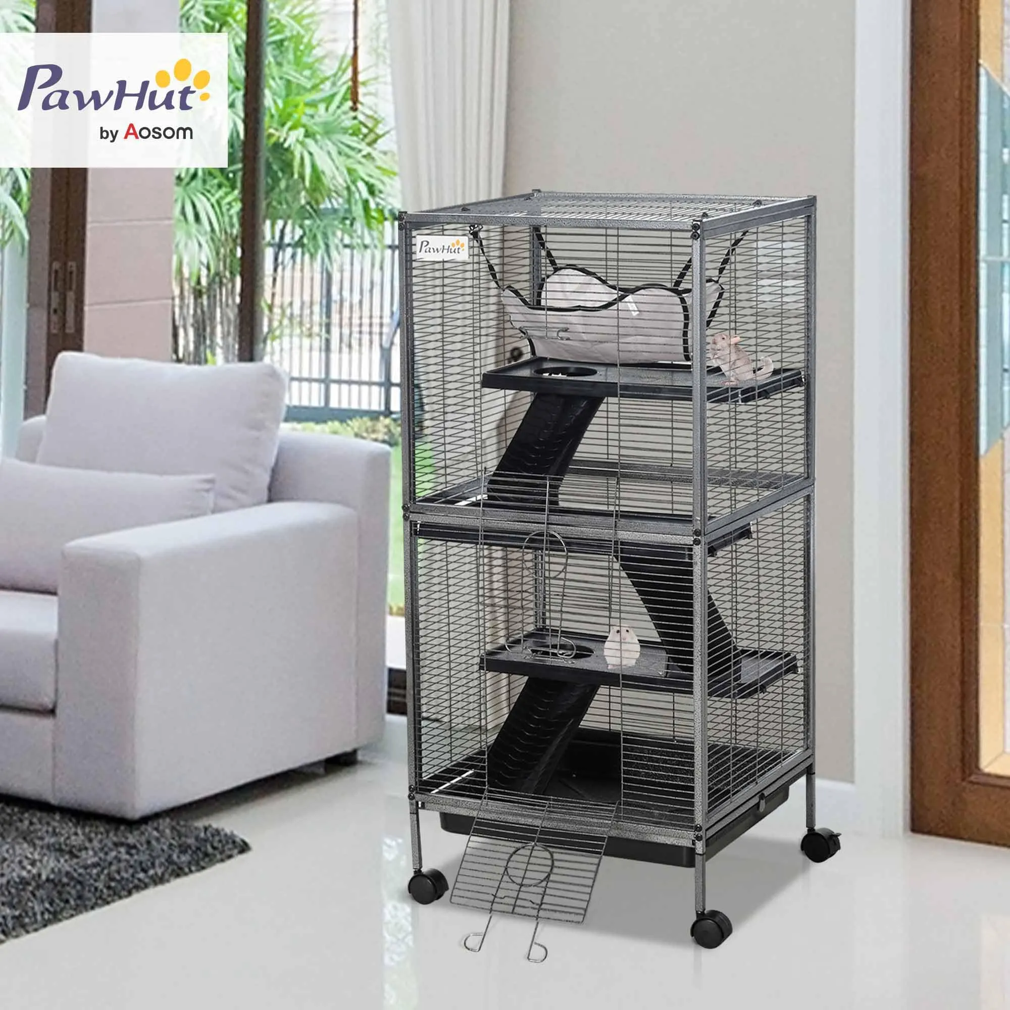 PawHut Gabbia per Piccoli Roditori in Acciaio 52x52x113.5cm Grigio Argento - immagine 2