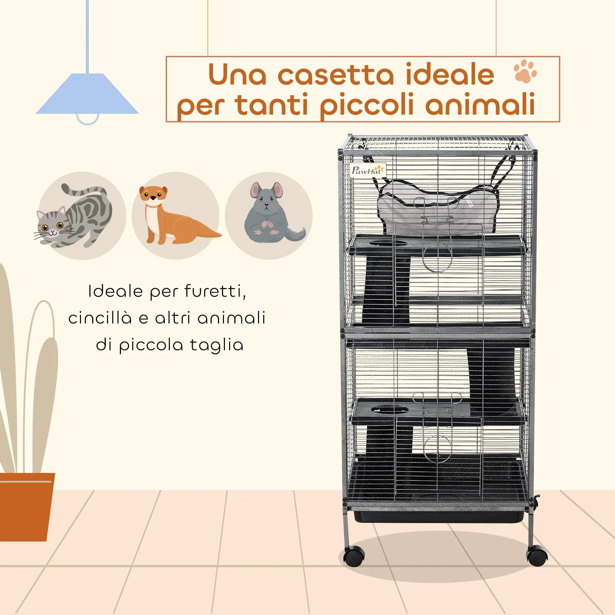 PawHut Gabbia per Piccoli Roditori in Acciaio 52x52x113.5cm Grigio Argento - immagine 3