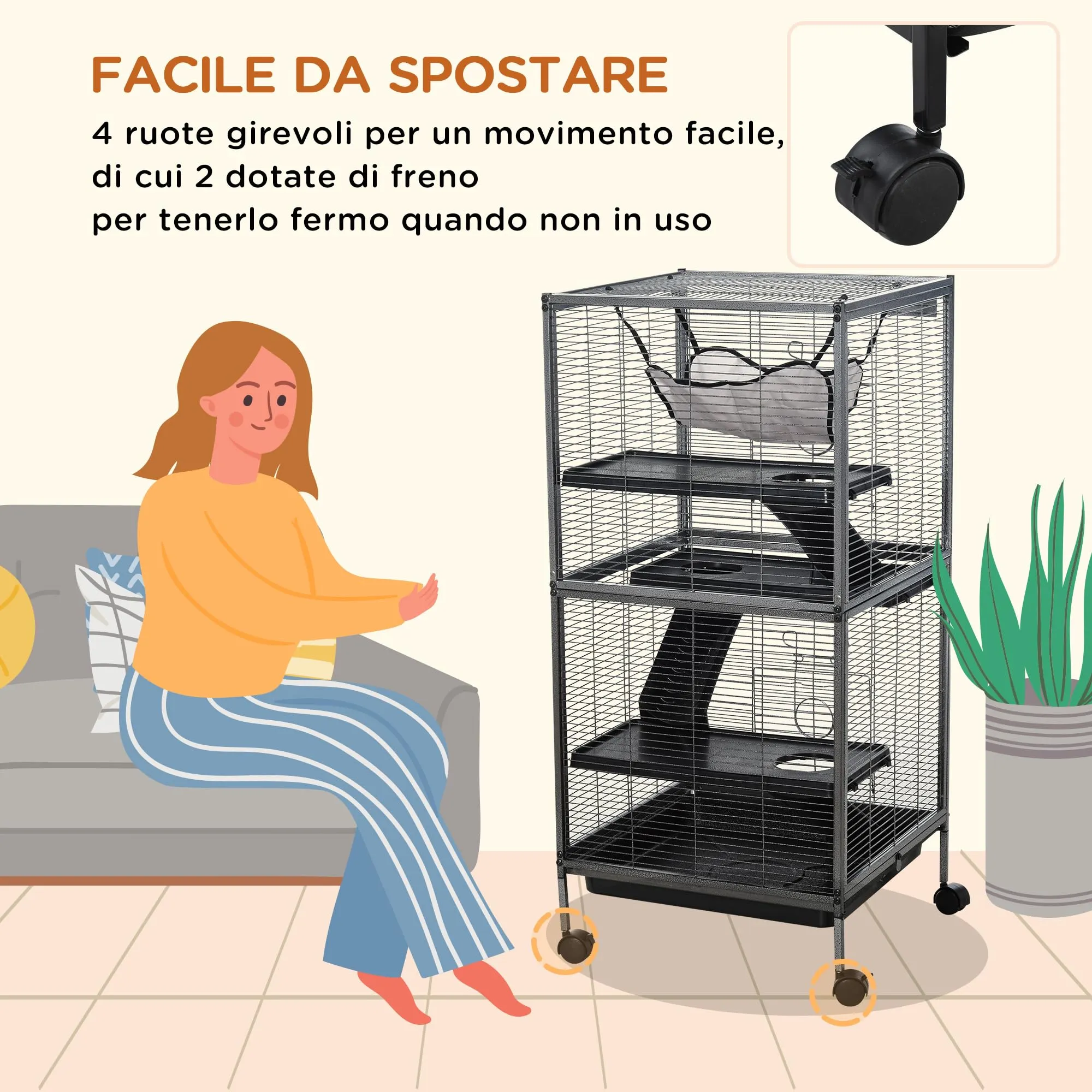 PawHut Gabbia per Piccoli Roditori in Acciaio 52x52x113.5cm Grigio Argento - immagine 4