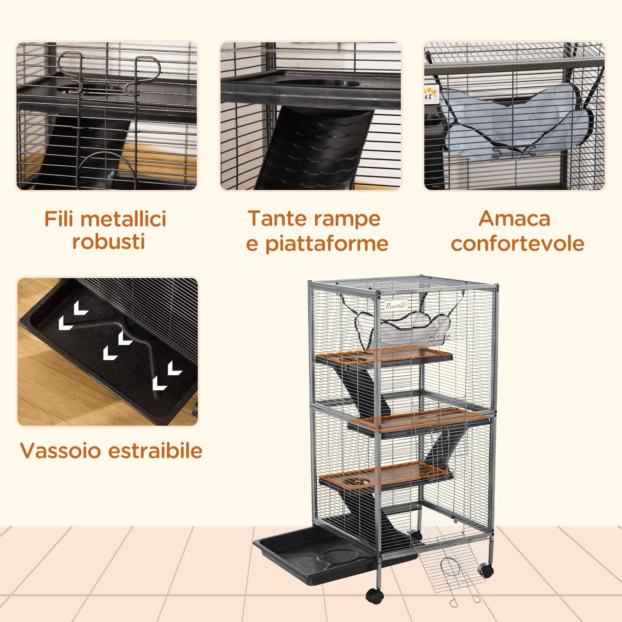 PawHut Gabbia per Piccoli Roditori in Acciaio 52x52x113.5cm Grigio Argento - immagine 5