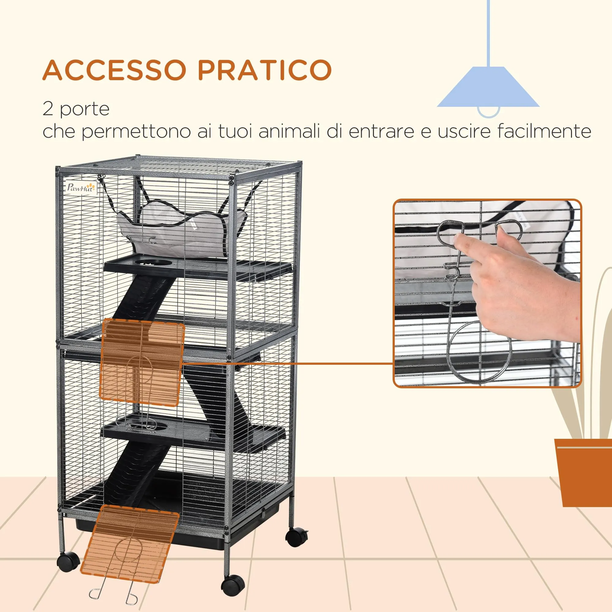 PawHut Gabbia per Piccoli Roditori in Acciaio 52x52x113.5cm Grigio Argento - immagine 6