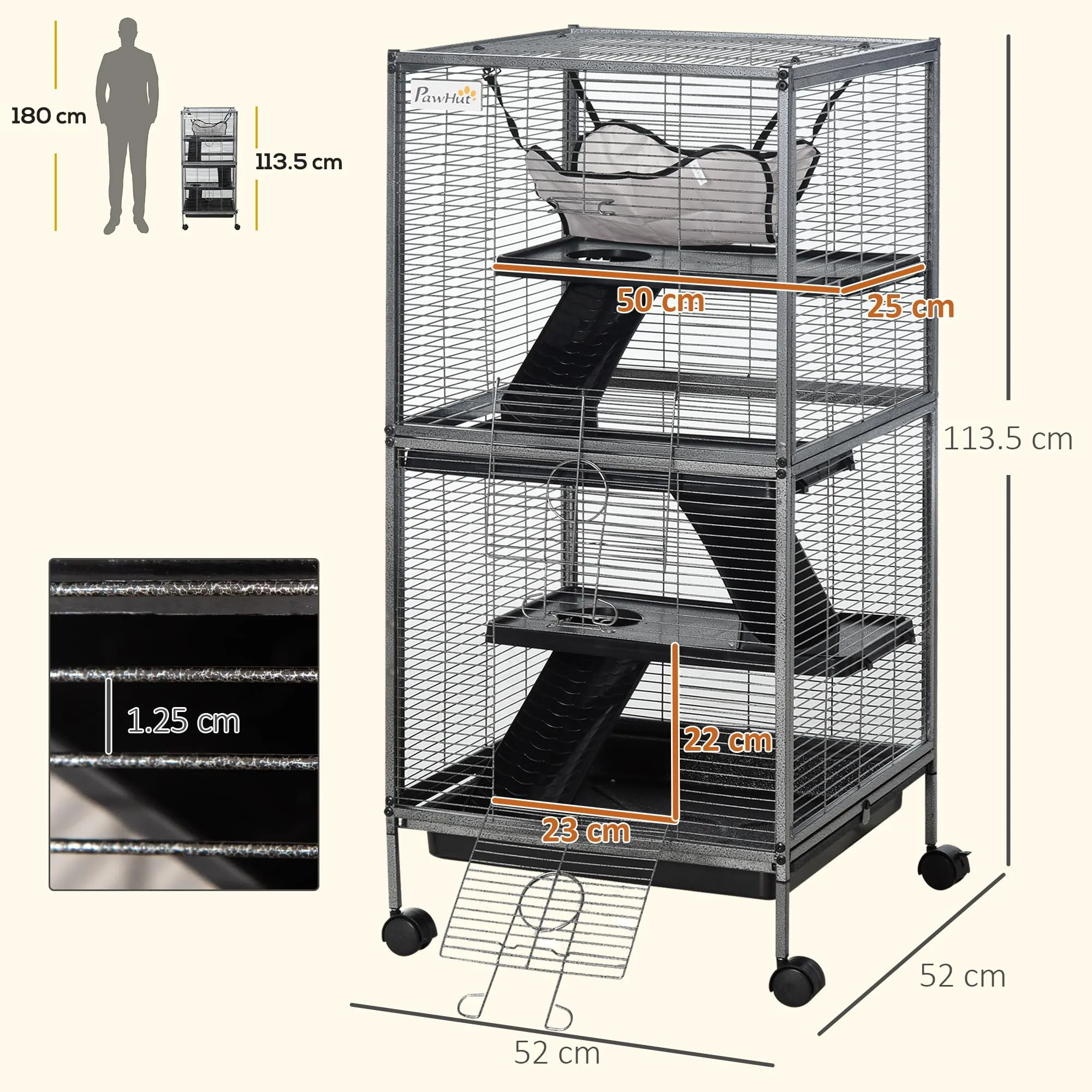 PawHut Gabbia per Piccoli Roditori in Acciaio 52x52x113.5cm Grigio Argento - immagine 7