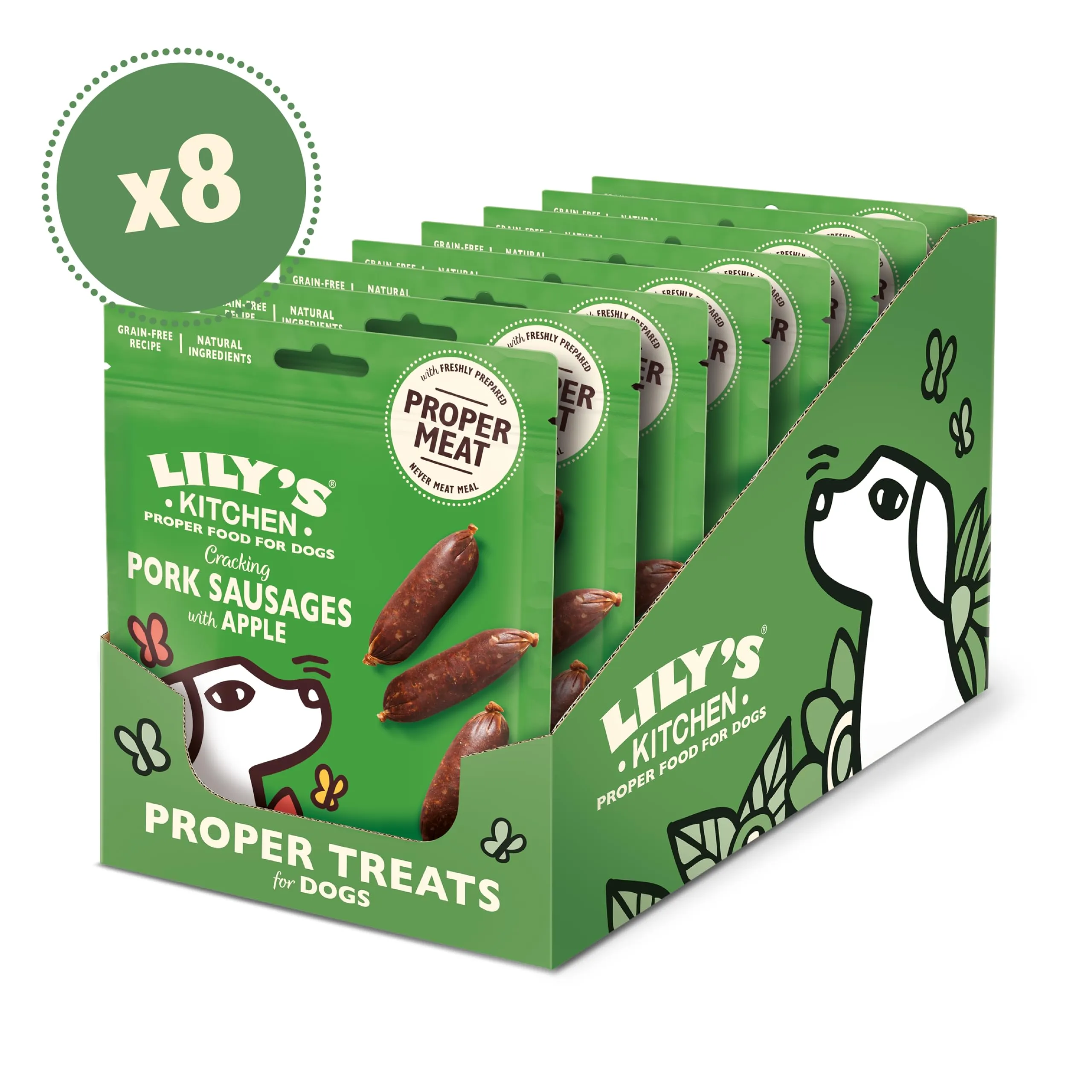 Lily's Kitchen Preparata con ingredienti naturali per cani adulti Confezione di croccantini per cani adulti con salsicce di maiale e mela Ricette prive di cereali 8 x 70g - immagine 2