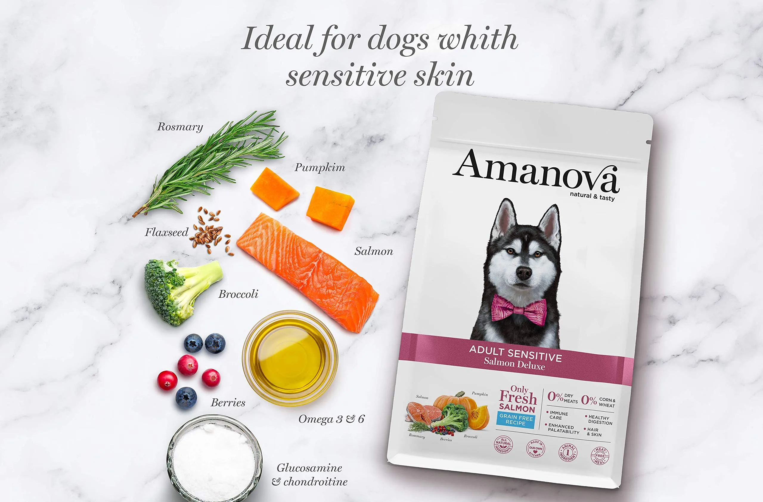 Amanova Cibo Secco per Cani Adulti di Taglia Media o Grande con Pelle o Pelo sensibile Gusto Salmone - 100% Naturale, ipoallergenico e monoproteico - Grain Free - Cruelty Free - Formato da 10 kg - immagine 5
