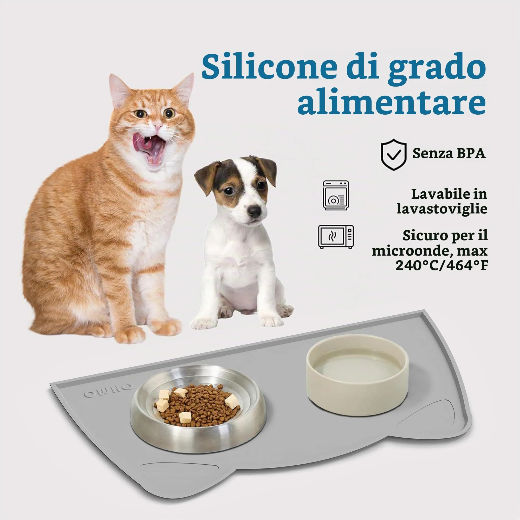OHMO Tappetino Ciotola per Cani e Gatti in Silicone, Impermeabile Antiscivolo a Prova di Fuoriuscita per Cibo e Acqua, Facile da Pulire, 52x30cm, Cenere - immagine 4