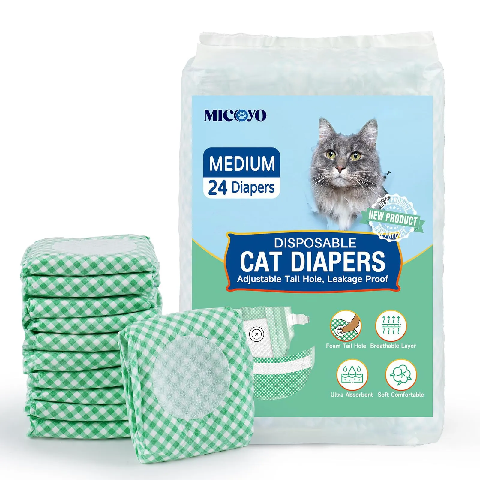 MICOOYO Pannolini per cani femmina, super assorbenti con fori in schiuma regolabili, pannolini usa e getta per cani femmina in calore (M, 24 pezzi) - immagine 1