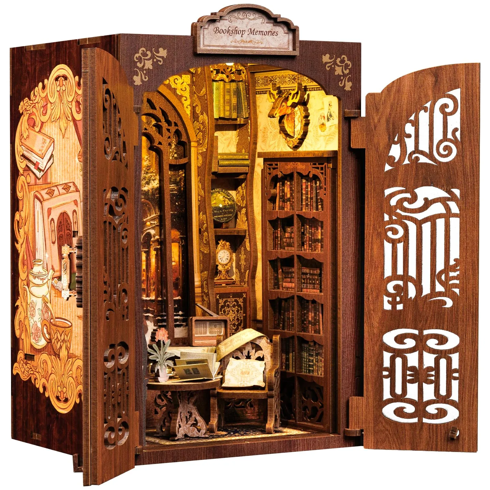 Cutefun Book Nook - DIY Case delle bambole Kit, Reggilibri Scaffale Inserto Decorazione con Luce LED,Kit di Costruzione di Modellini in Legno per Casa delle Bambole diy(Bookshop Memories) - immagine 1