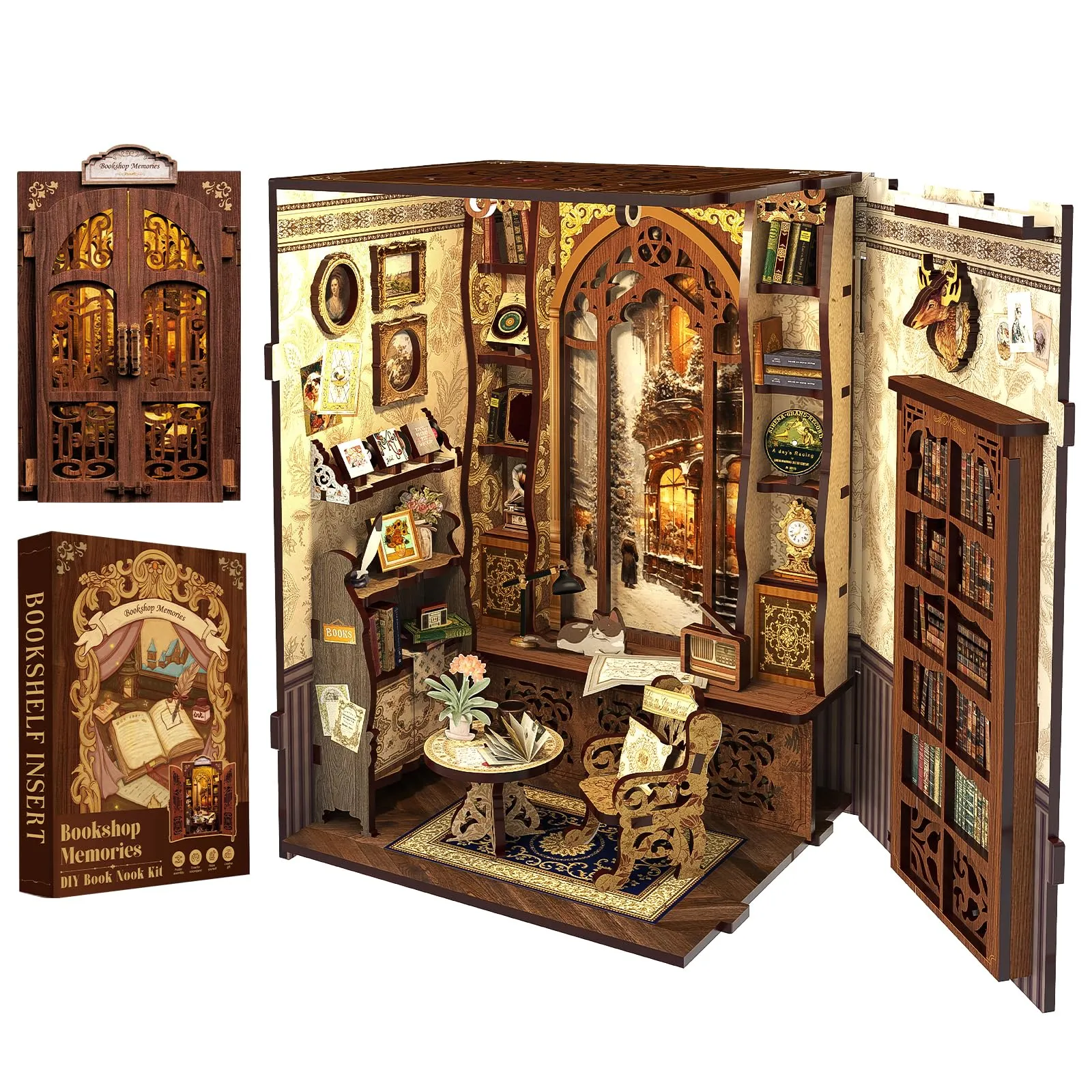 Cutefun Book Nook - DIY Case delle bambole Kit, Reggilibri Scaffale Inserto Decorazione con Luce LED,Kit di Costruzione di Modellini in Legno per Casa delle Bambole diy(Bookshop Memories) - immagine 2