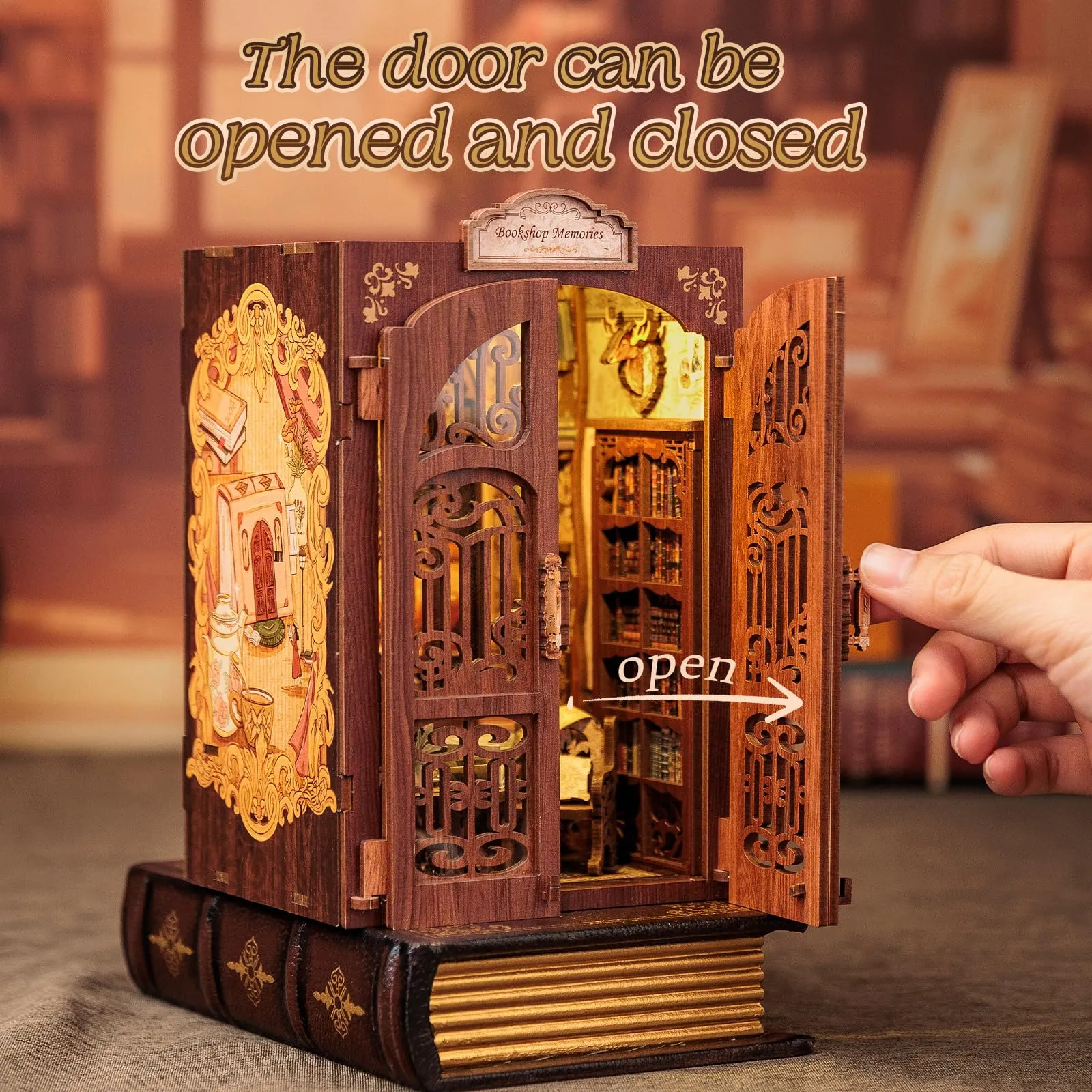 Cutefun Book Nook - DIY Case delle bambole Kit, Reggilibri Scaffale Inserto Decorazione con Luce LED,Kit di Costruzione di Modellini in Legno per Casa delle Bambole diy(Bookshop Memories) - immagine 4
