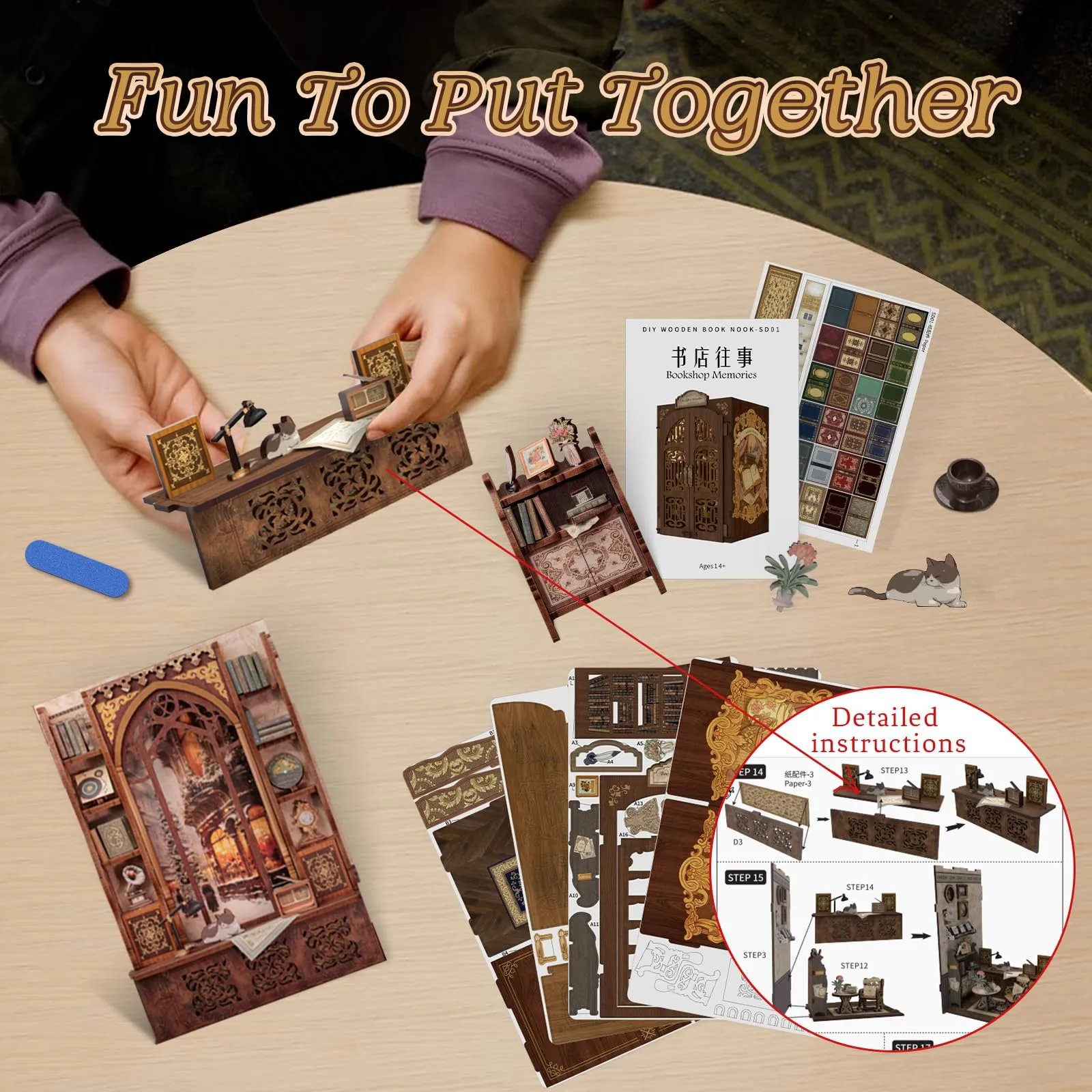 Cutefun Book Nook - DIY Case delle bambole Kit, Reggilibri Scaffale Inserto Decorazione con Luce LED,Kit di Costruzione di Modellini in Legno per Casa delle Bambole diy(Bookshop Memories) - immagine 5