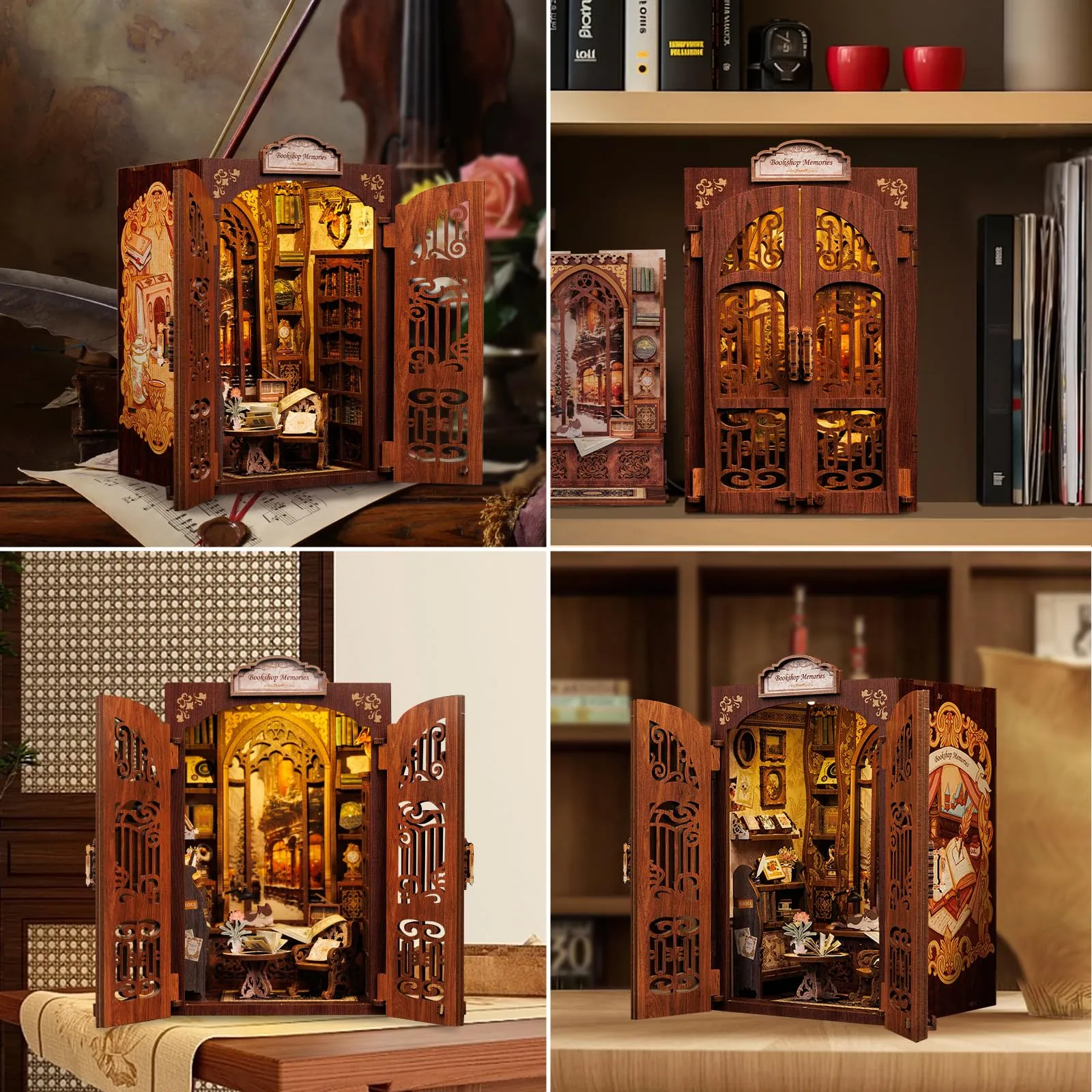 Cutefun Book Nook - DIY Case delle bambole Kit, Reggilibri Scaffale Inserto Decorazione con Luce LED,Kit di Costruzione di Modellini in Legno per Casa delle Bambole diy(Bookshop Memories) - immagine 6