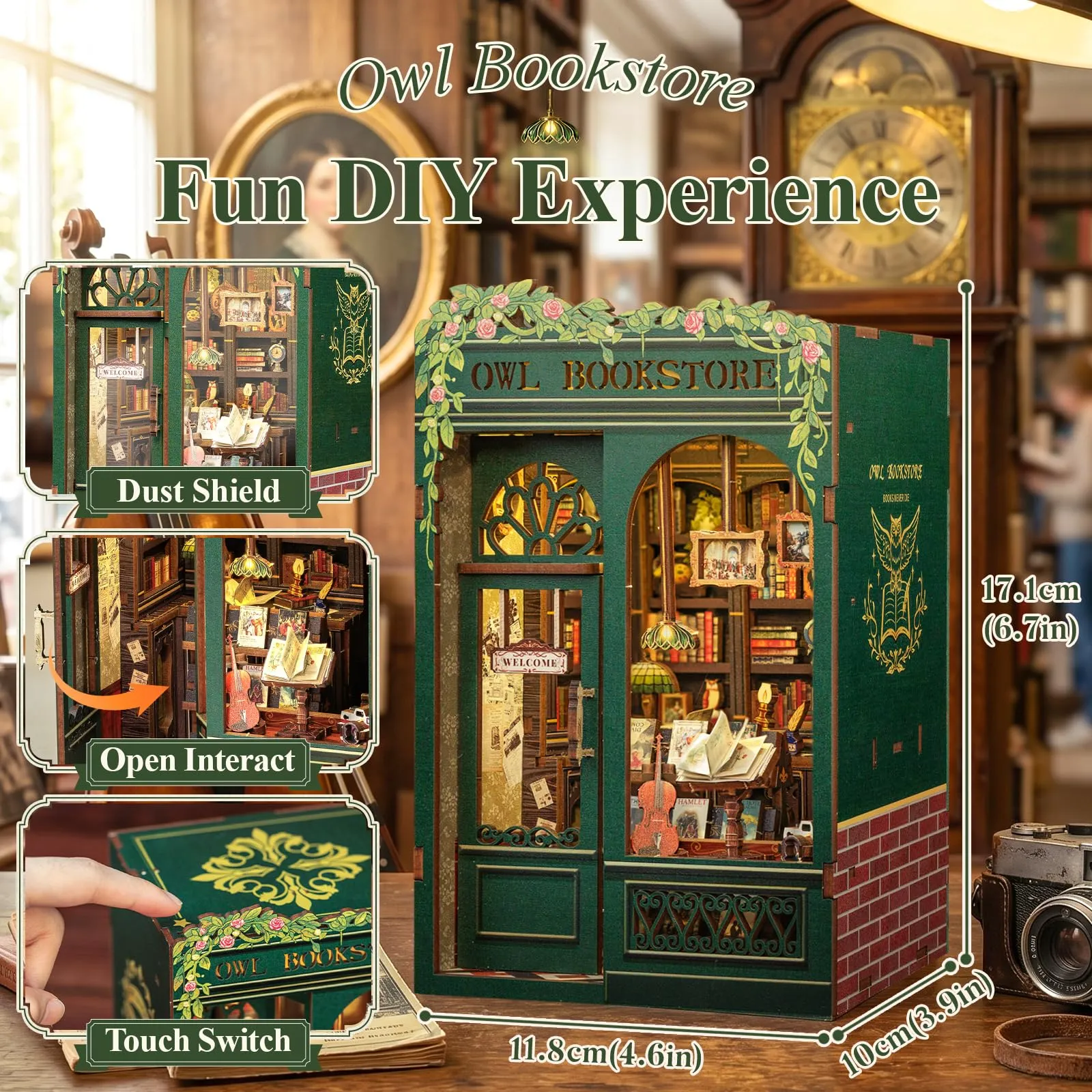 Cutefun Book Nook Kit – Creativo per Realizzare Case delle bambole, Modello in Scala per Appassionati, Donne, Ragazzi e Amanti dei Libri(OWL Bookstore) - immagine 3