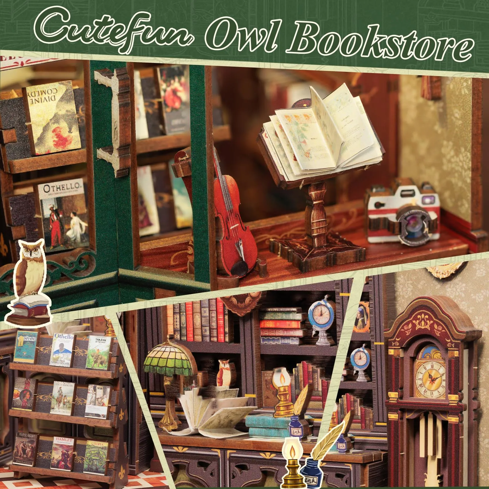 Cutefun Book Nook Kit – Creativo per Realizzare Case delle bambole, Modello in Scala per Appassionati, Donne, Ragazzi e Amanti dei Libri(OWL Bookstore) - immagine 7