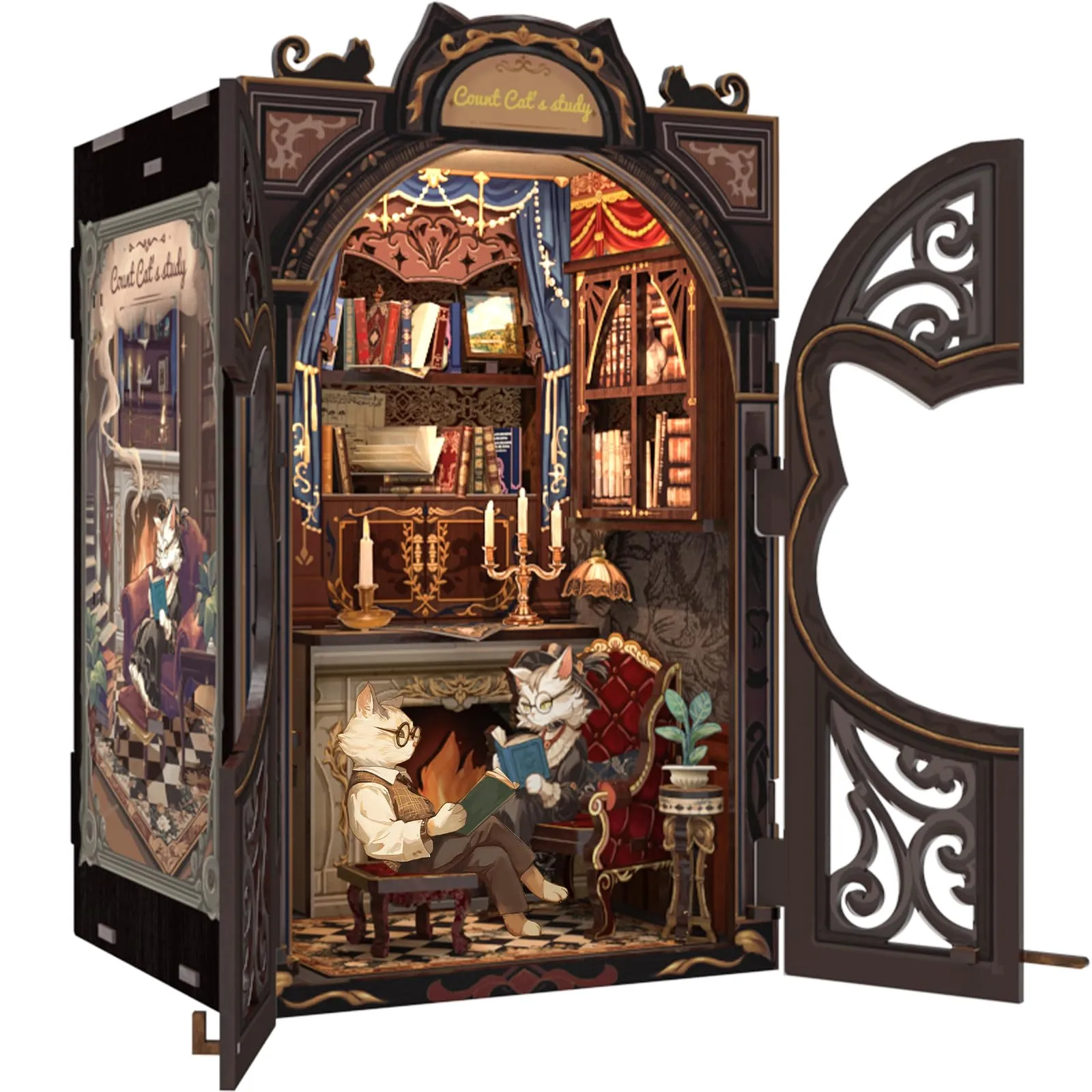 Cutefun Book Nook Kit - DIY Case delle bambole, kit diy in miniatura per casa delle bambole, fermalibri con inserto per libreria, kit di modelli con mobili e luce LED (Count Cat's Study) - immagine 1