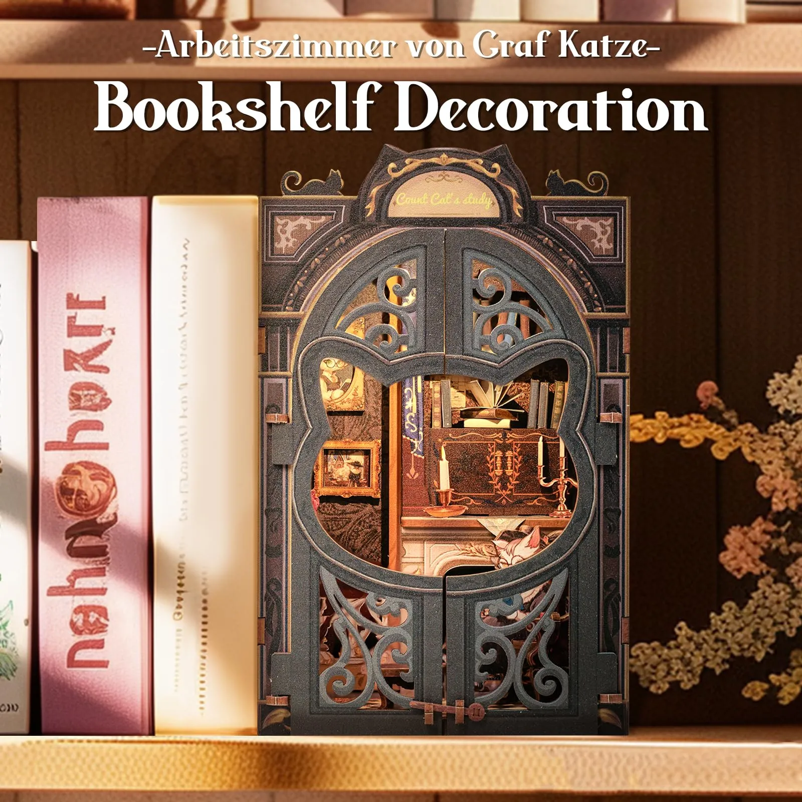 Cutefun Book Nook Kit - DIY Case delle bambole, kit diy in miniatura per casa delle bambole, fermalibri con inserto per libreria, kit di modelli con mobili e luce LED (Count Cat's Study) - immagine 2