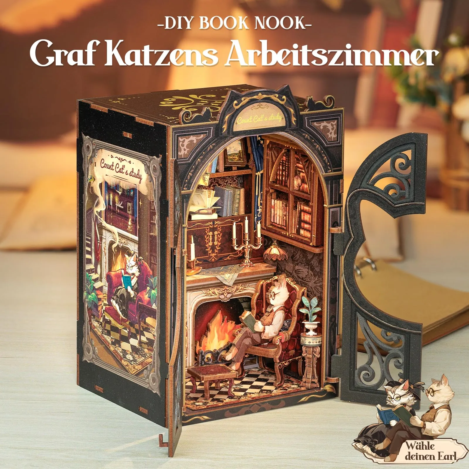 Cutefun Book Nook Kit - DIY Case delle bambole, kit diy in miniatura per casa delle bambole, fermalibri con inserto per libreria, kit di modelli con mobili e luce LED (Count Cat's Study) - immagine 4