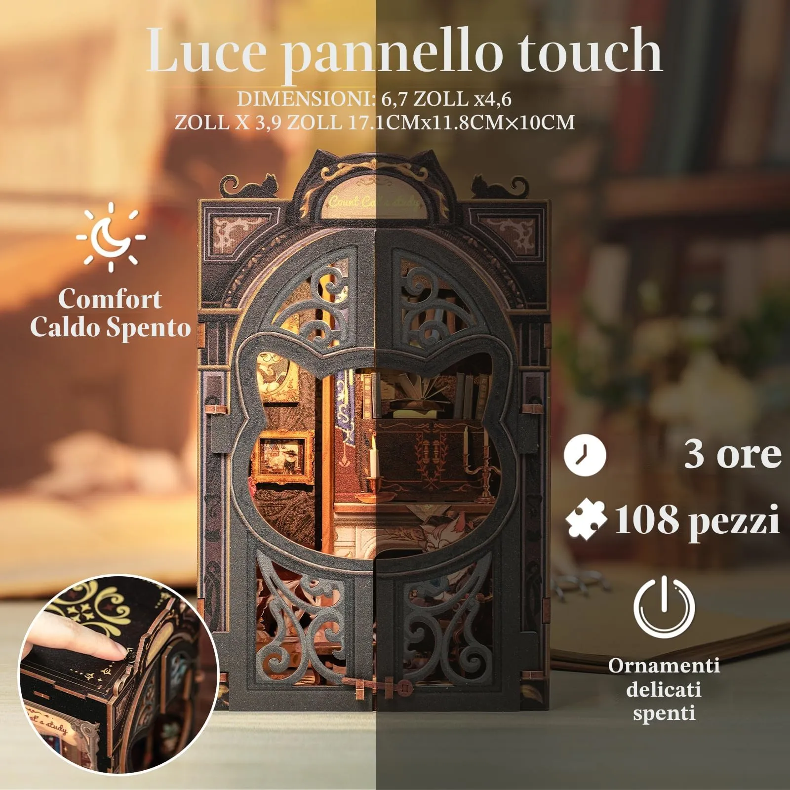 Cutefun Book Nook Kit - DIY Case delle bambole, kit diy in miniatura per casa delle bambole, fermalibri con inserto per libreria, kit di modelli con mobili e luce LED (Count Cat's Study) - immagine 5