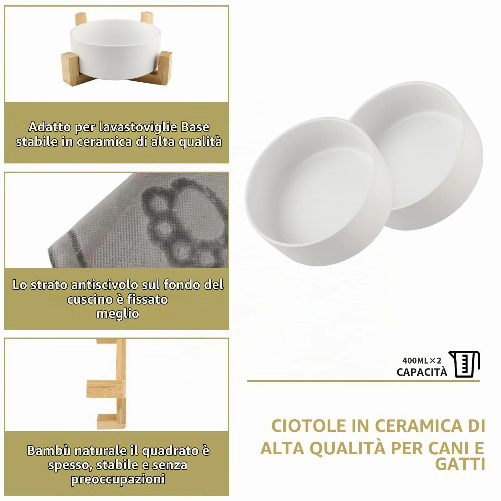 Vexillic Ciotole per Cani Ceramica, 2 Pacchi Ciotola Rialzata per Cani, 450 ML Ciotole Cane con Supporto in Bambù e Tappetino Antiscivolo Adatto di Media e Piccola - immagine 6