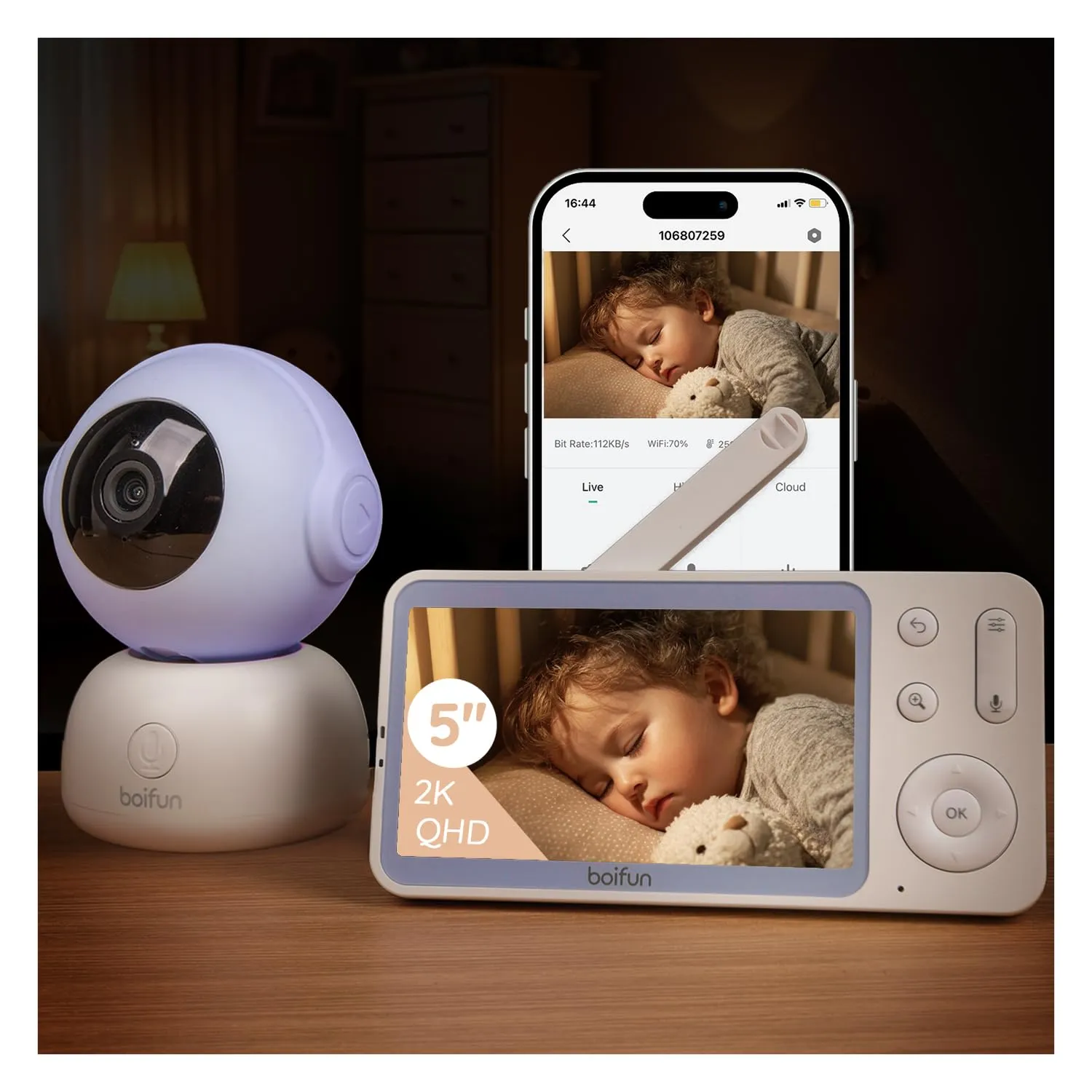 BOIFUN 2K Baby Monitor WiFi con Display 5”, Controllo Doppio App e Monitor, Avvisi Pianto e Movimento, Visione Notturna Senza Disturbi, Temperatura e Umidità, Rotazione 360°, fino a 19h - immagine 2