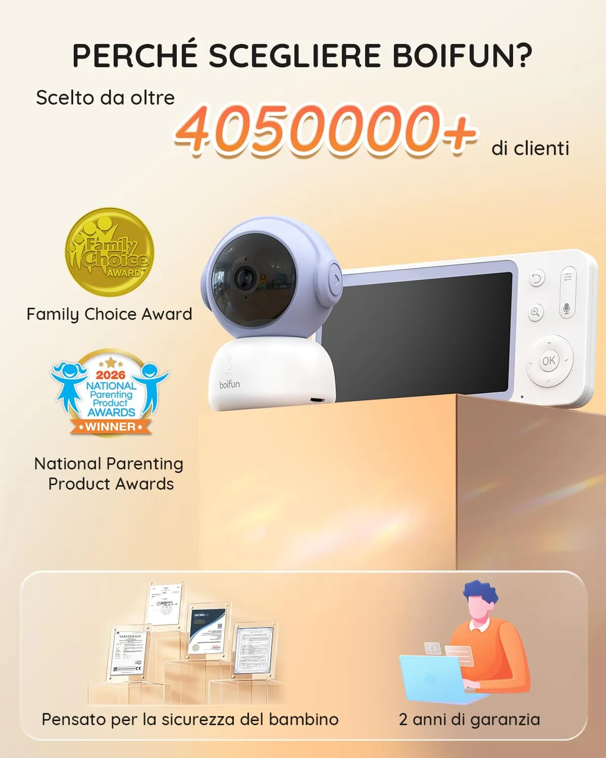 BOIFUN 2K Baby Monitor WiFi con Display 5”, Controllo Doppio App e Monitor, Avvisi Pianto e Movimento, Visione Notturna Senza Disturbi, Temperatura e Umidità, Rotazione 360°, fino a 19h - immagine 10