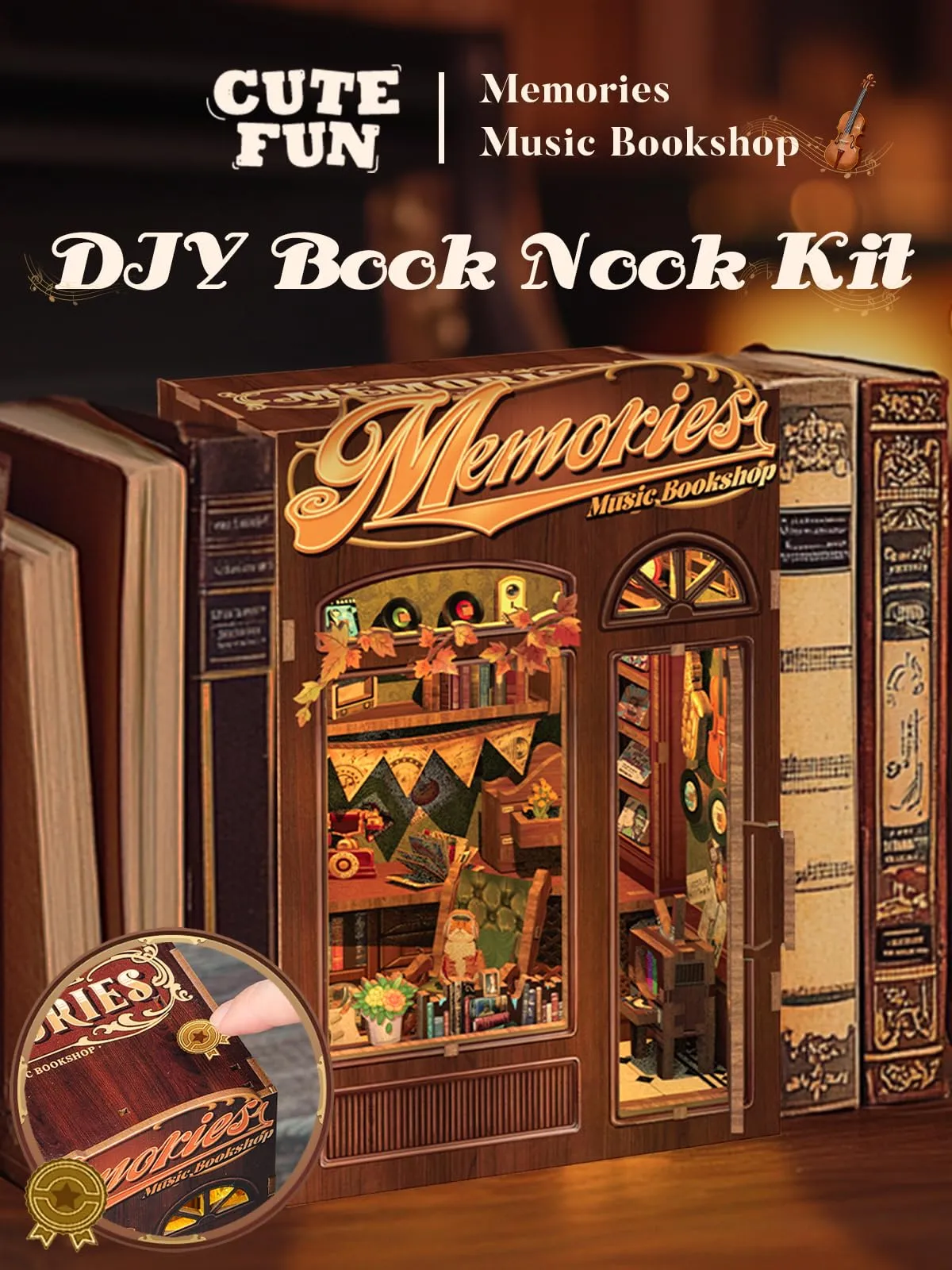 Cutefun DIY Case delle bambole Book Nook Model Kit, Reggilibri Scaffale Inserto Decorazione con Luce LED,Kit di Costruzione di Modellini in Legno per (Bookshop) - immagine 2