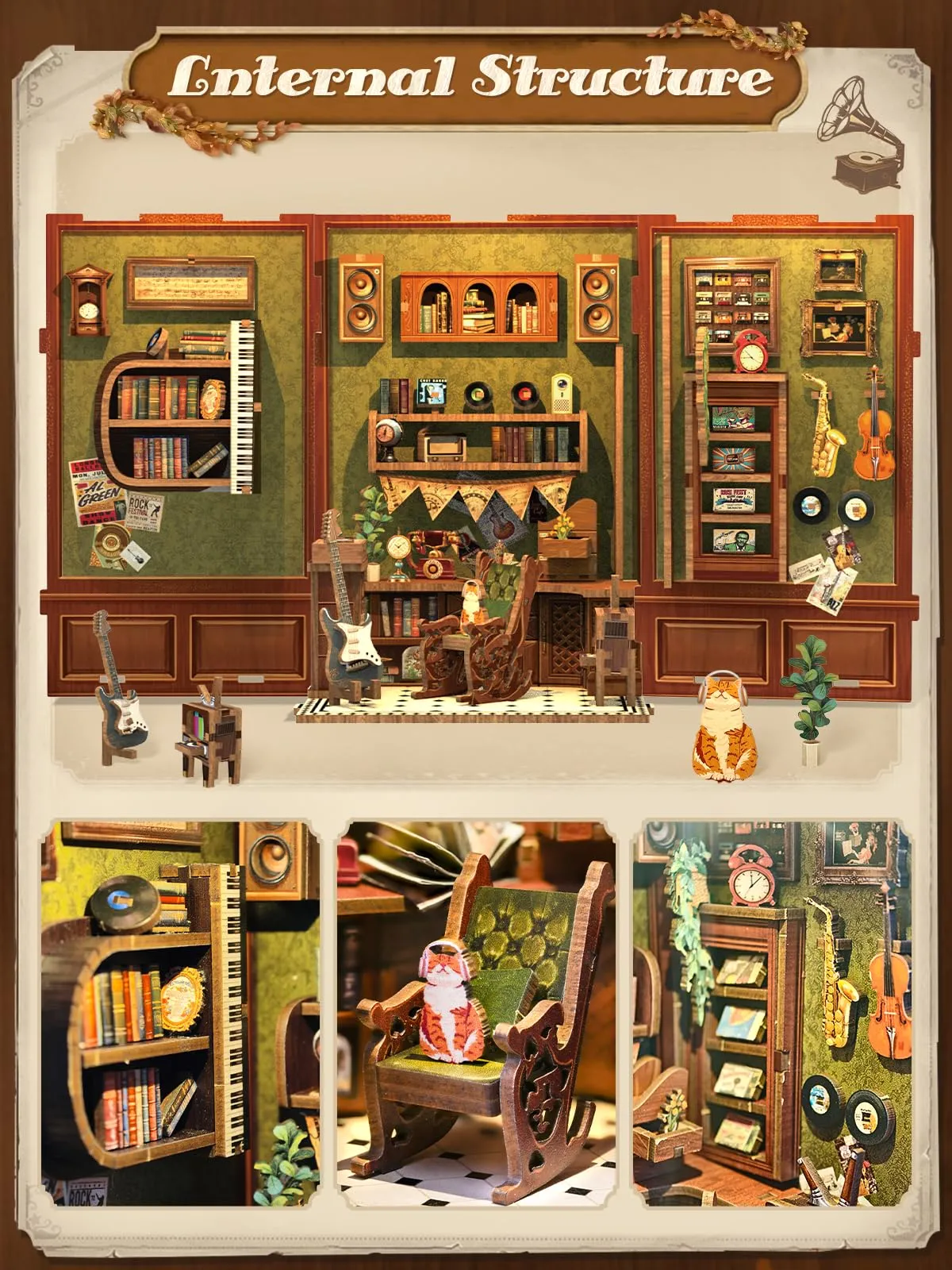 Cutefun DIY Case delle bambole Book Nook Model Kit, Reggilibri Scaffale Inserto Decorazione con Luce LED,Kit di Costruzione di Modellini in Legno per (Bookshop) - immagine 7