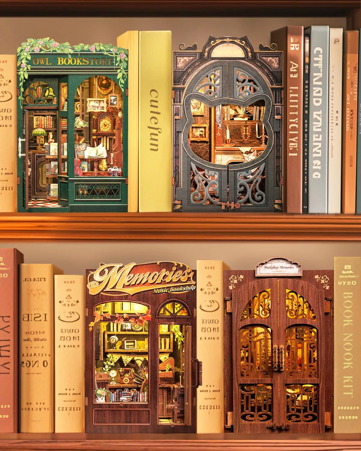 Cutefun DIY Case delle bambole Book Nook Model Kit, Reggilibri Scaffale Inserto Decorazione con Luce LED,Kit di Costruzione di Modellini in Legno per (Bookshop) - immagine 8