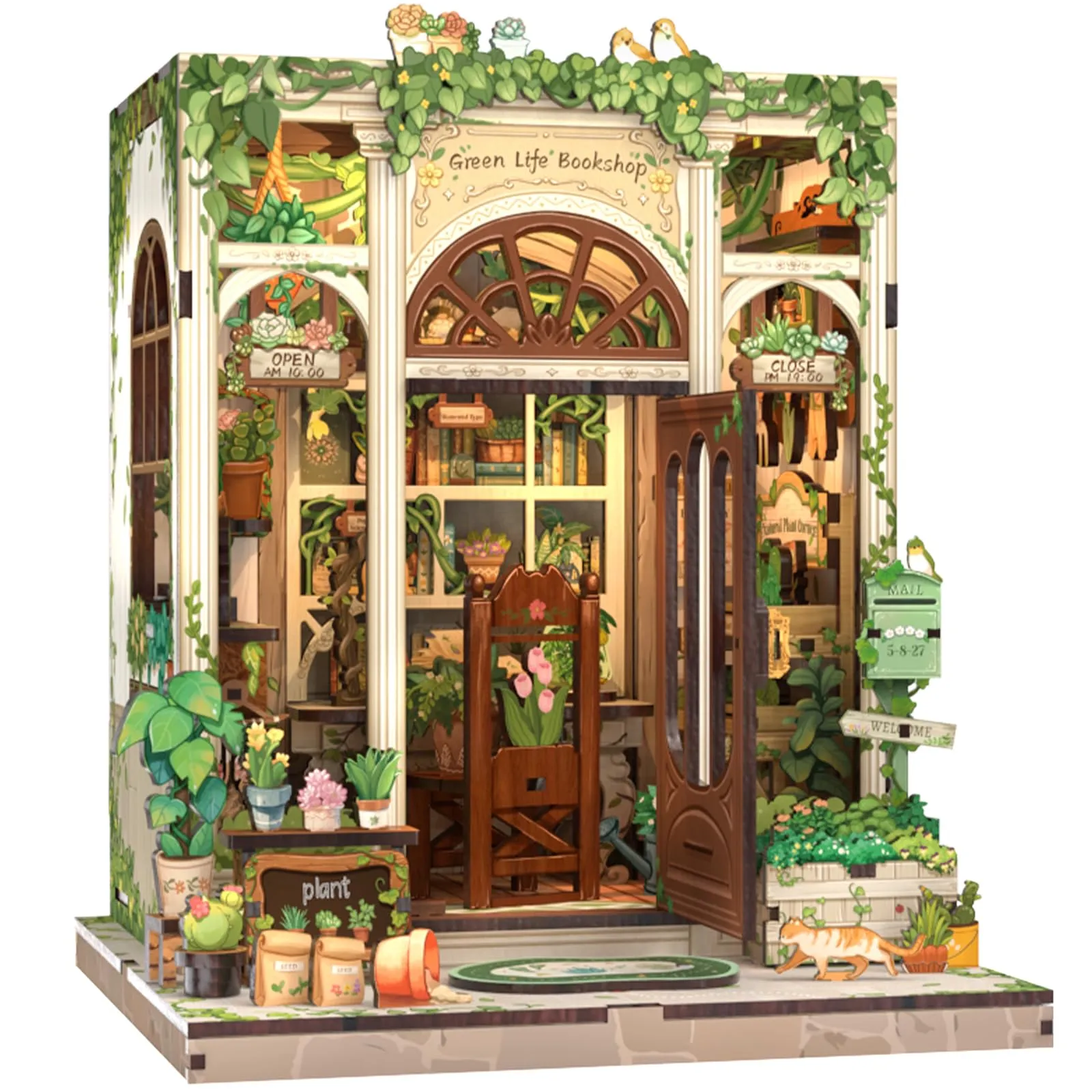 Cutefun Book Nook Kit - Kit Casa delle Bambole in Miniatura diy, Puzzle 3D in Legno per Scaffali con Luci LED Decorativo per Adolescenti e Adulti (Green Life Bookshop) - immagine 1