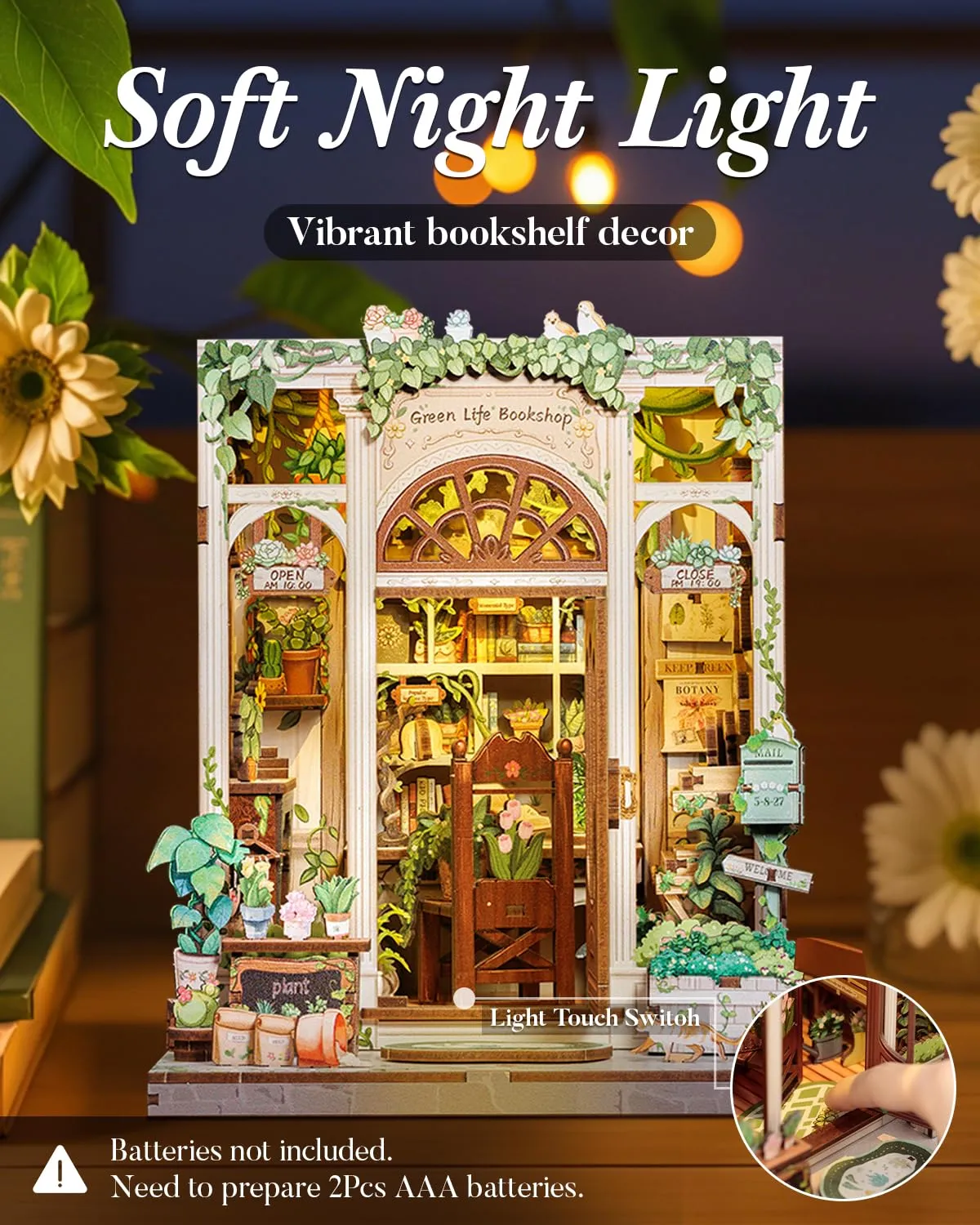 Cutefun Book Nook Kit - Kit Casa delle Bambole in Miniatura diy, Puzzle 3D in Legno per Scaffali con Luci LED Decorativo per Adolescenti e Adulti (Green Life Bookshop) - immagine 2