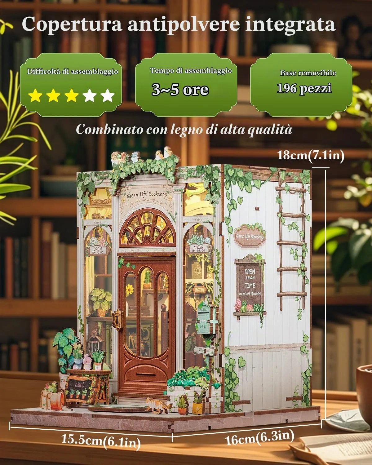 Cutefun Book Nook Kit - Kit Casa delle Bambole in Miniatura diy, Puzzle 3D in Legno per Scaffali con Luci LED Decorativo per Adolescenti e Adulti (Green Life Bookshop) - immagine 3
