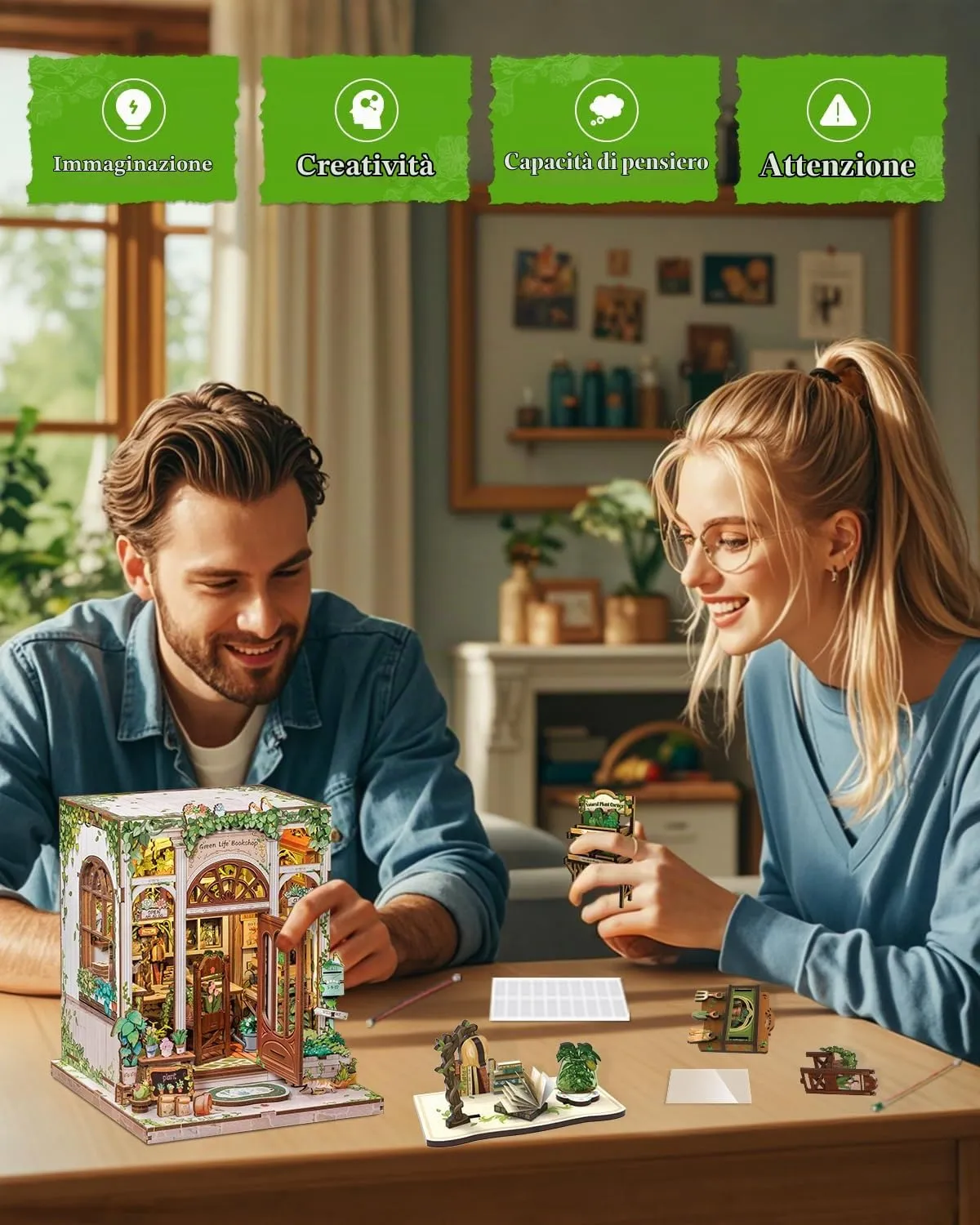 Cutefun Book Nook Kit - Kit Casa delle Bambole in Miniatura diy, Puzzle 3D in Legno per Scaffali con Luci LED Decorativo per Adolescenti e Adulti (Green Life Bookshop) - immagine 4