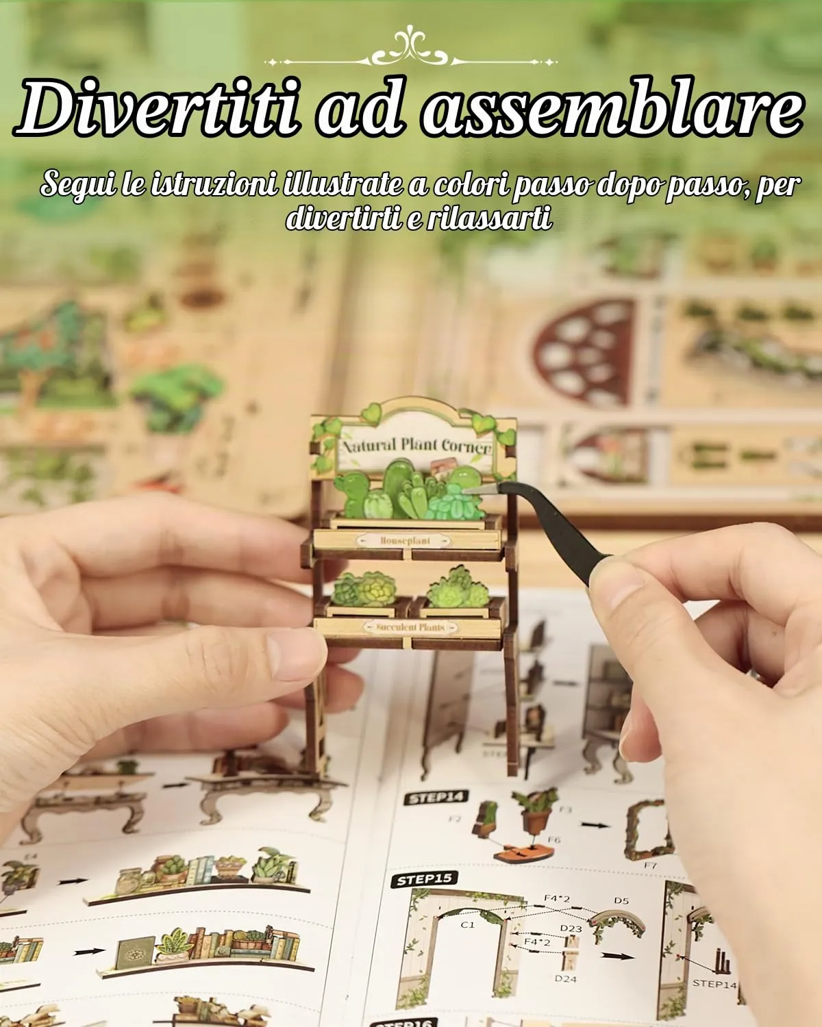 Cutefun Book Nook Kit - Kit Casa delle Bambole in Miniatura diy, Puzzle 3D in Legno per Scaffali con Luci LED Decorativo per Adolescenti e Adulti (Green Life Bookshop) - immagine 5