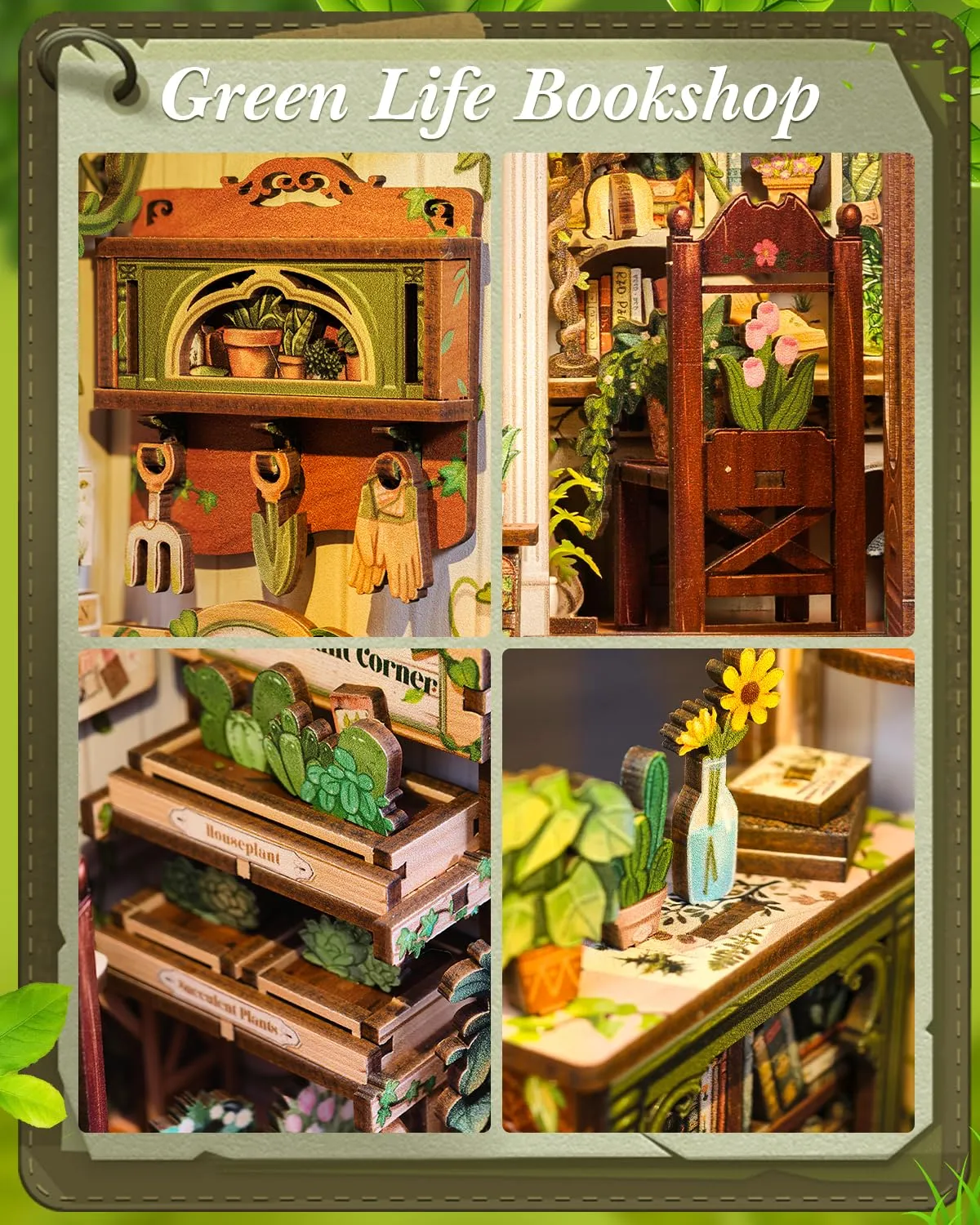 Cutefun Book Nook Kit - Kit Casa delle Bambole in Miniatura diy, Puzzle 3D in Legno per Scaffali con Luci LED Decorativo per Adolescenti e Adulti (Green Life Bookshop) - immagine 6