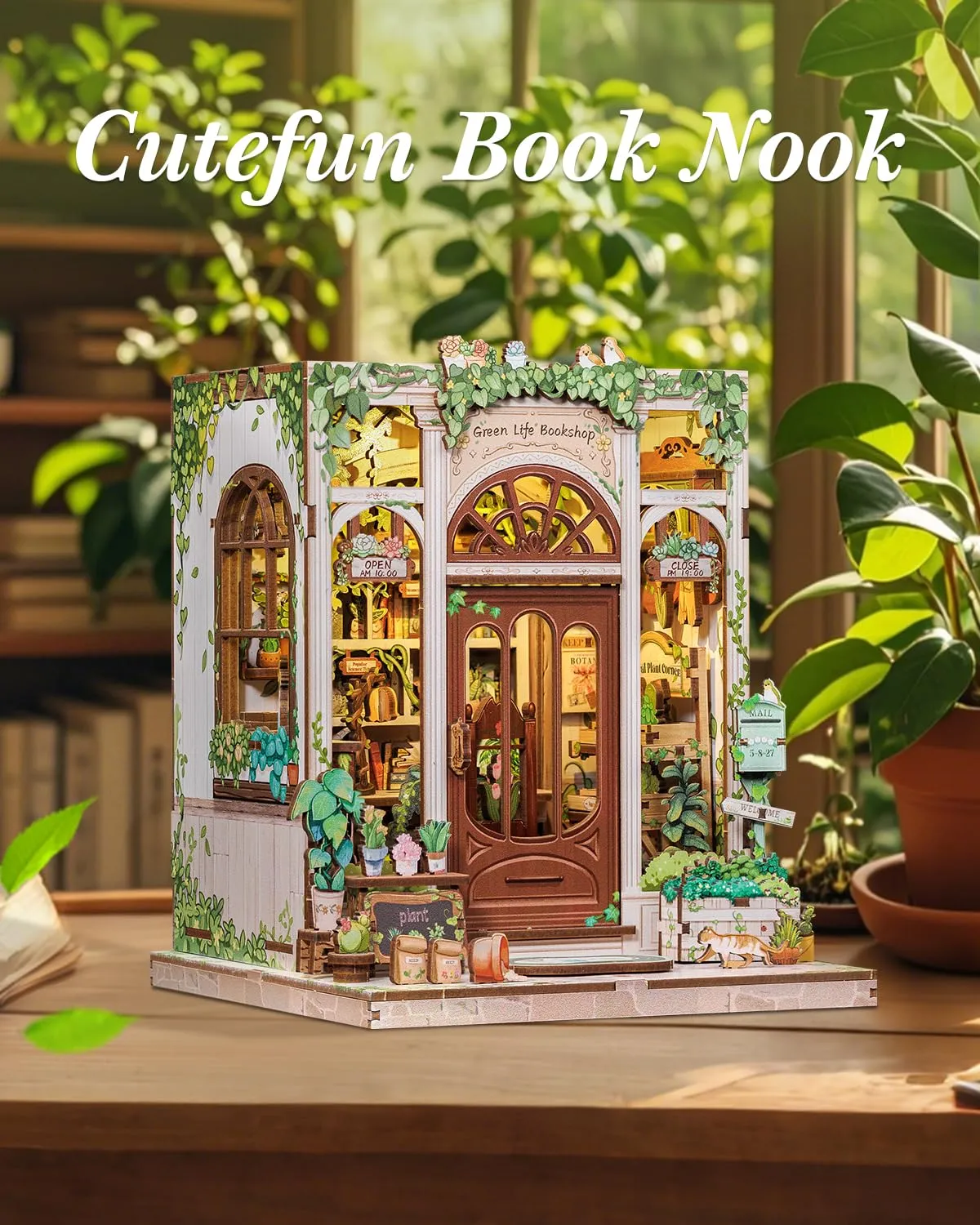 Cutefun Book Nook Kit - Kit Casa delle Bambole in Miniatura diy, Puzzle 3D in Legno per Scaffali con Luci LED Decorativo per Adolescenti e Adulti (Green Life Bookshop) - immagine 7