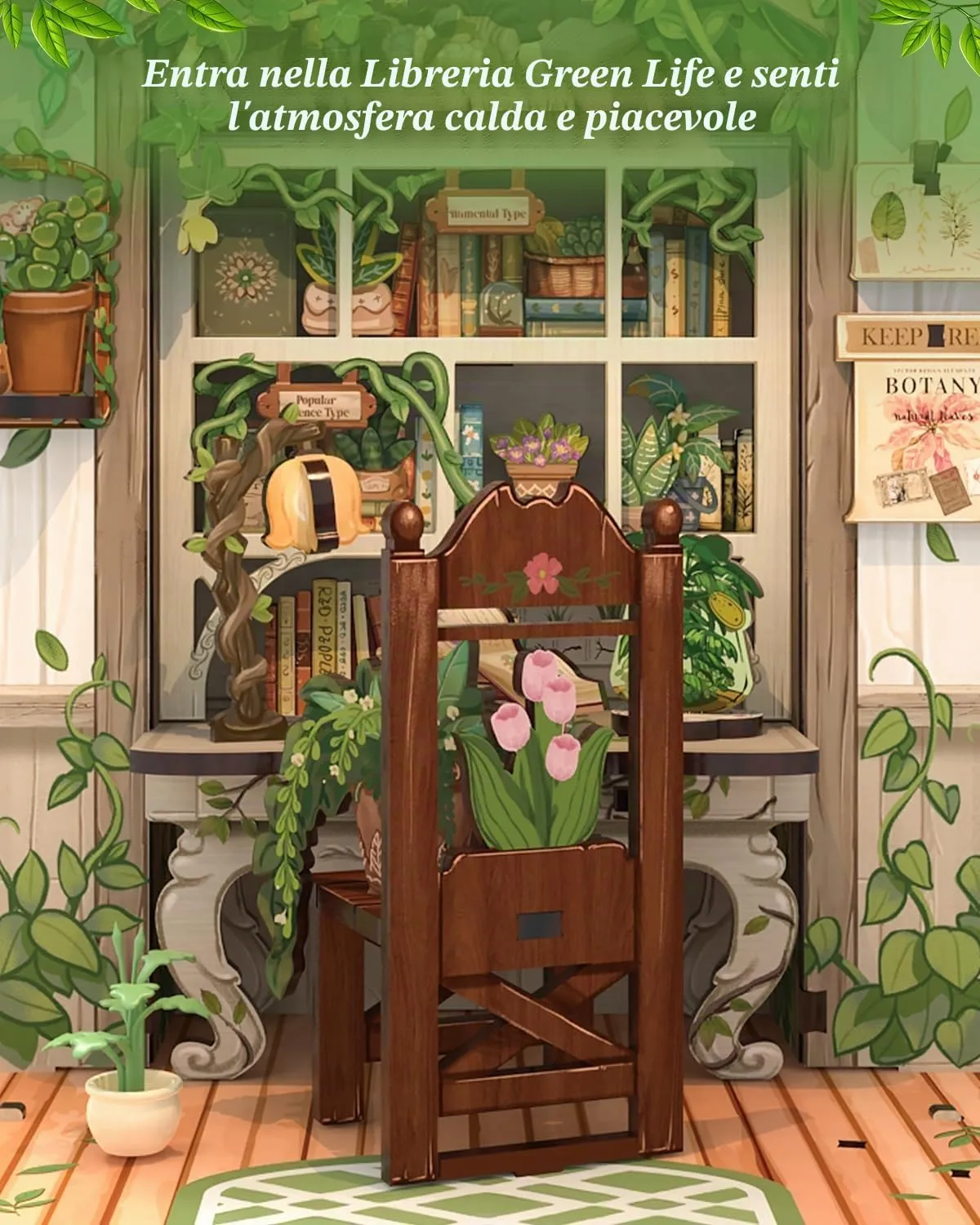 Cutefun Book Nook Kit - Kit Casa delle Bambole in Miniatura diy, Puzzle 3D in Legno per Scaffali con Luci LED Decorativo per Adolescenti e Adulti (Green Life Bookshop) - immagine 8