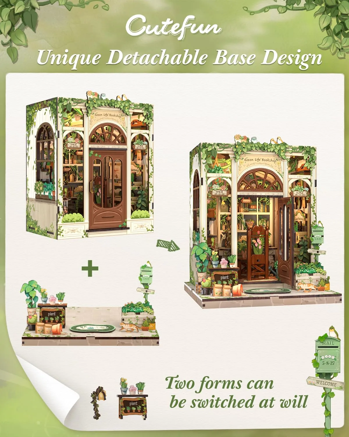 Cutefun Book Nook Kit - Kit Casa delle Bambole in Miniatura diy, Puzzle 3D in Legno per Scaffali con Luci LED Decorativo per Adolescenti e Adulti (Green Life Bookshop) - immagine 9