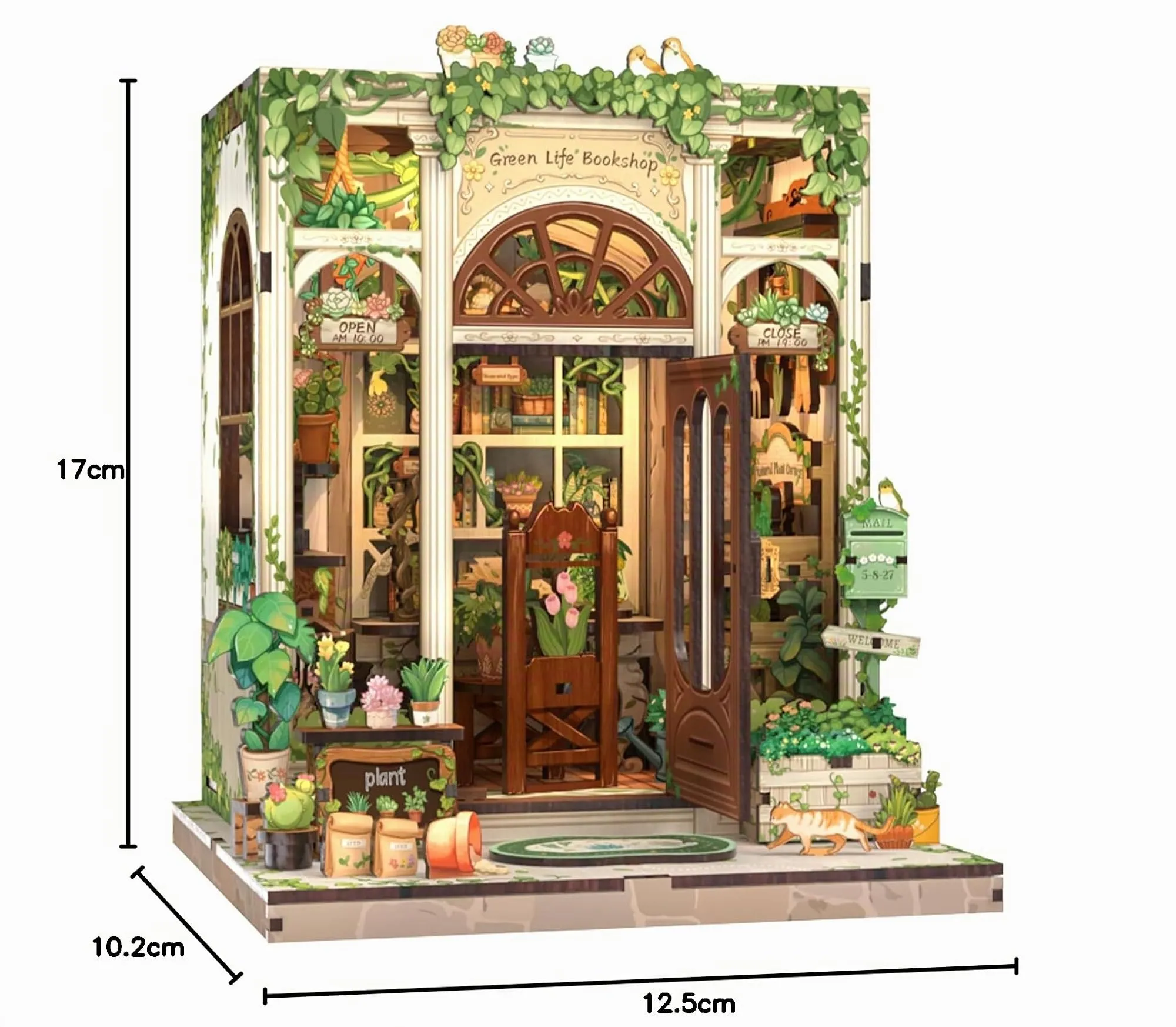 Cutefun Book Nook Kit - Kit Casa delle Bambole in Miniatura diy, Puzzle 3D in Legno per Scaffali con Luci LED Decorativo per Adolescenti e Adulti (Green Life Bookshop) - immagine 10
