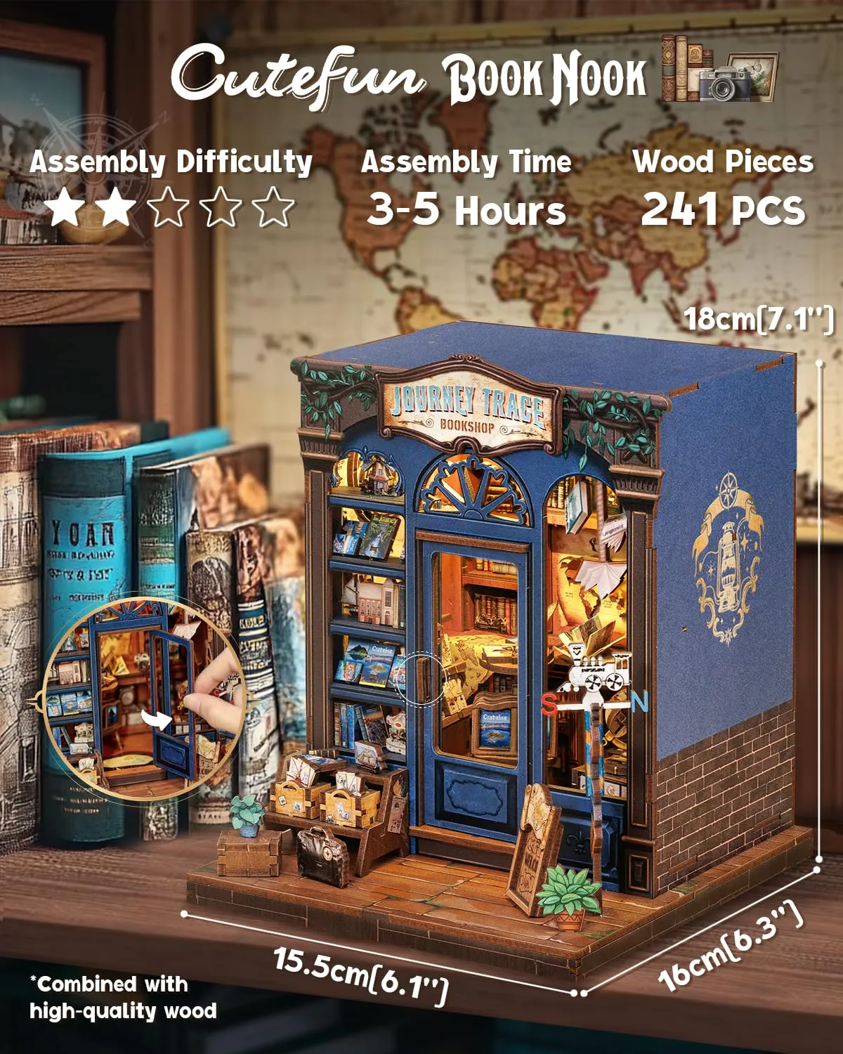 Cutefun Book Nook Kit - Kit fai da te in miniatura per adulti - Puzzle 3D in legno con LED, Regalo Creativo per Adulti e Adolescenti (Journey Trace Bookshop) - immagine 3