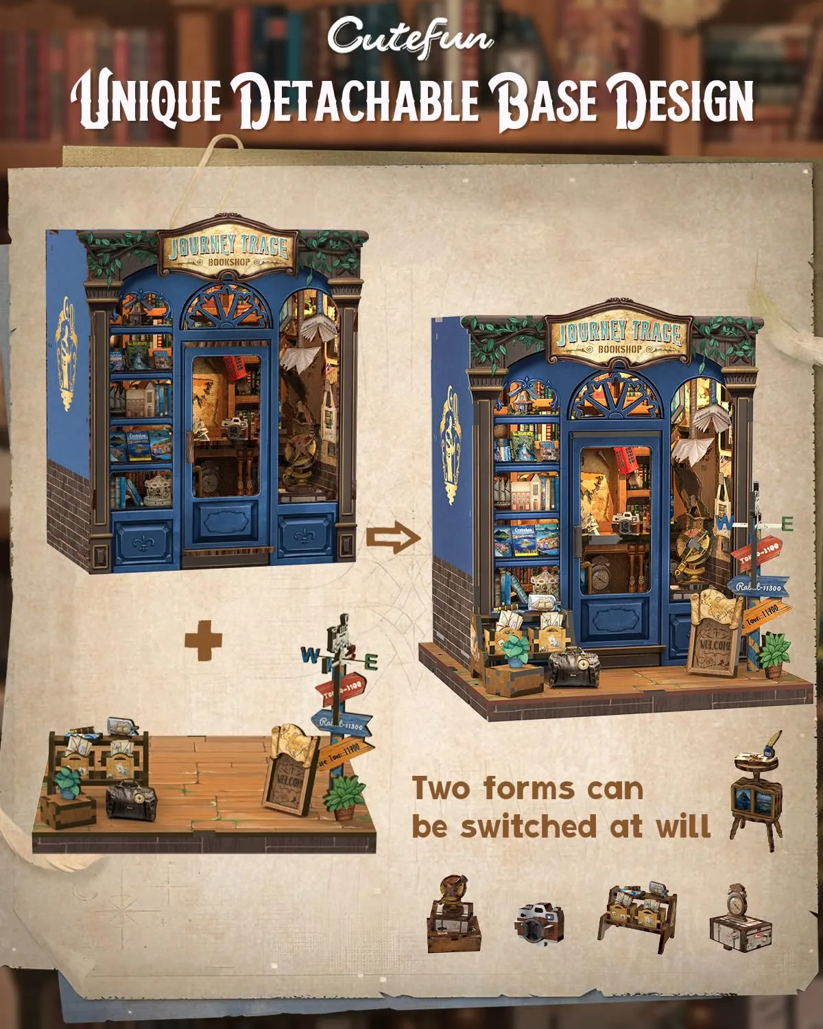 Cutefun Book Nook Kit - Kit fai da te in miniatura per adulti - Puzzle 3D in legno con LED, Regalo Creativo per Adulti e Adolescenti (Journey Trace Bookshop) - immagine 8